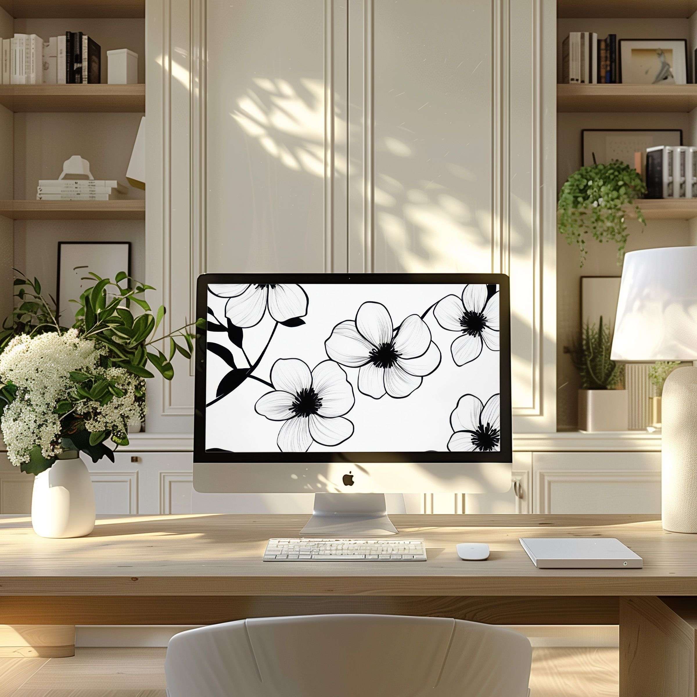 Black and white floral wallpaper for computer inspires calm elegance; perfect for PC laptop ultrawide in modern home office