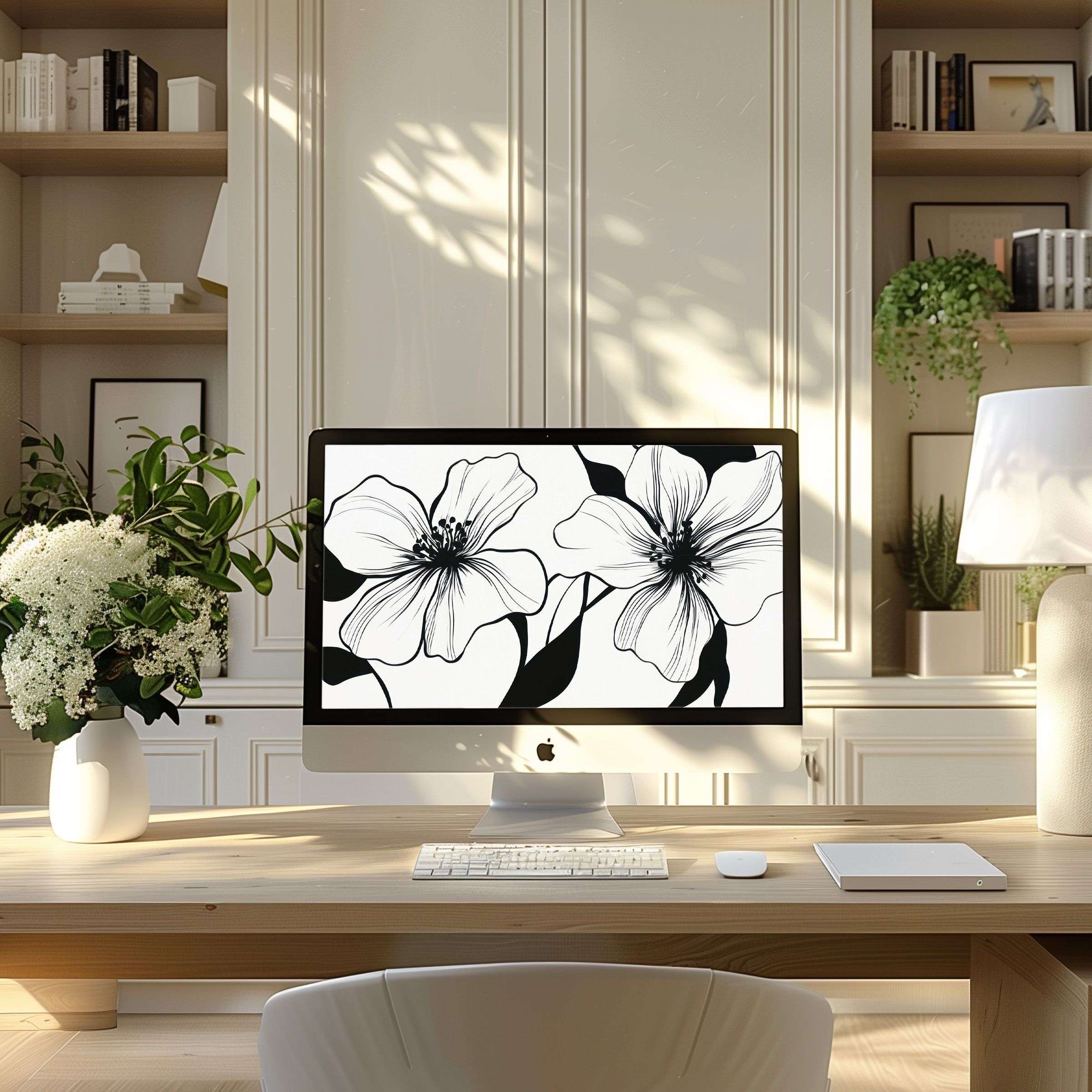 Elegant black and white floral design wallpaper for computer brings calm to modern home office; ideal for PC, laptop, ultrawide
