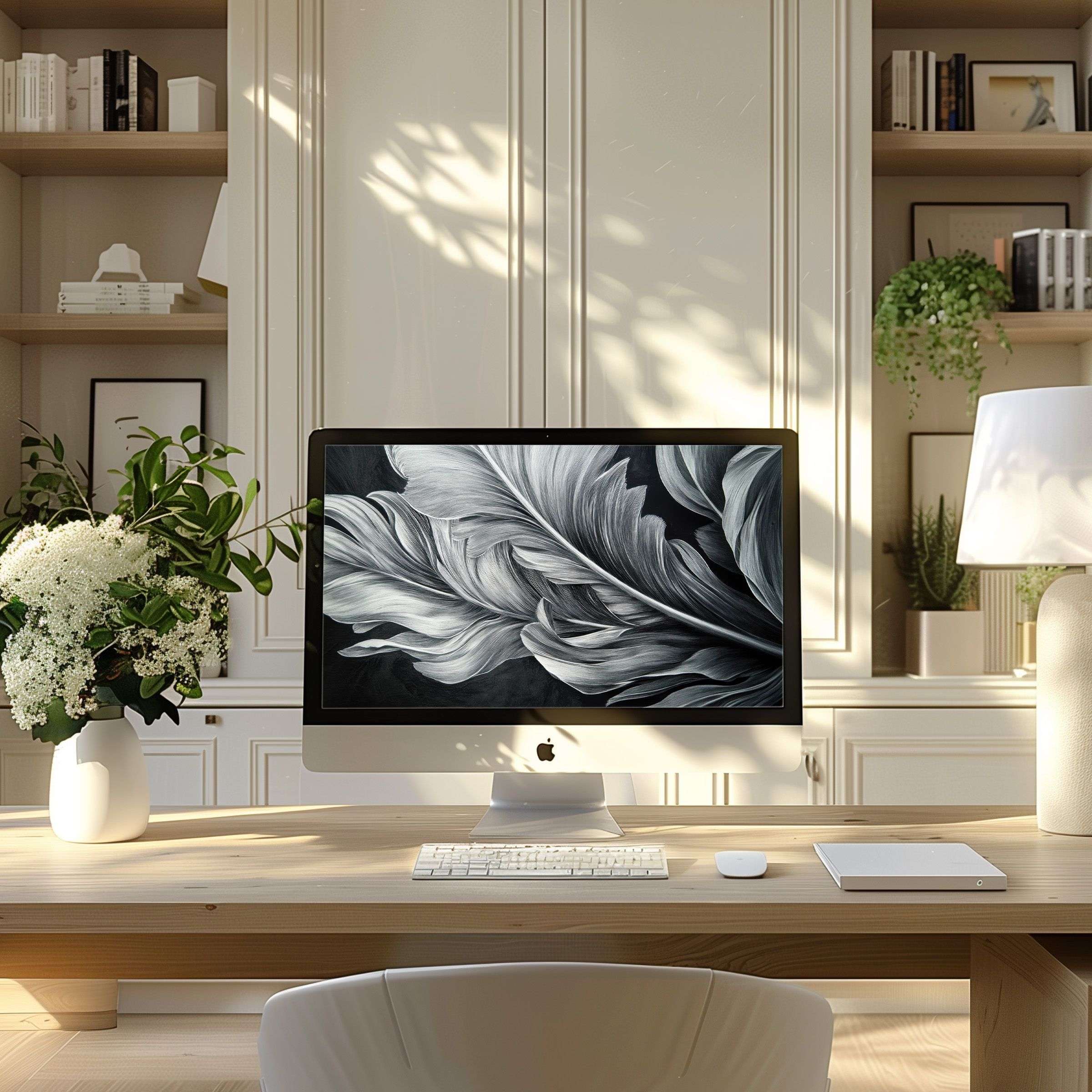 Elegant monochrome feather art wallpaper for computer, perfect for modern home offices, fits PC and Laptop, inspiring calm download