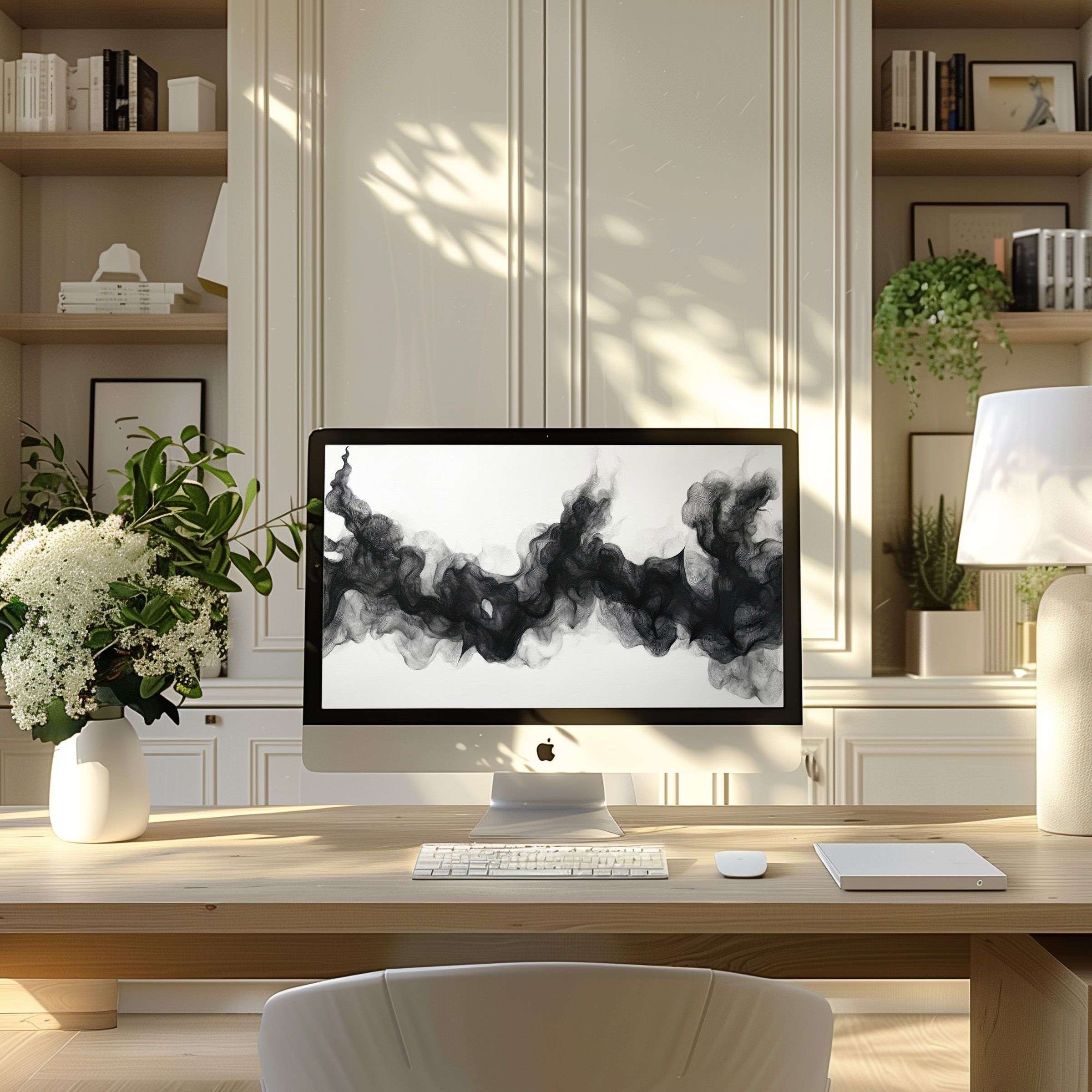 Elegant smoke motif digital download wallpaper for computer, PC, laptop fits modern home offices inspiring calm and creativity