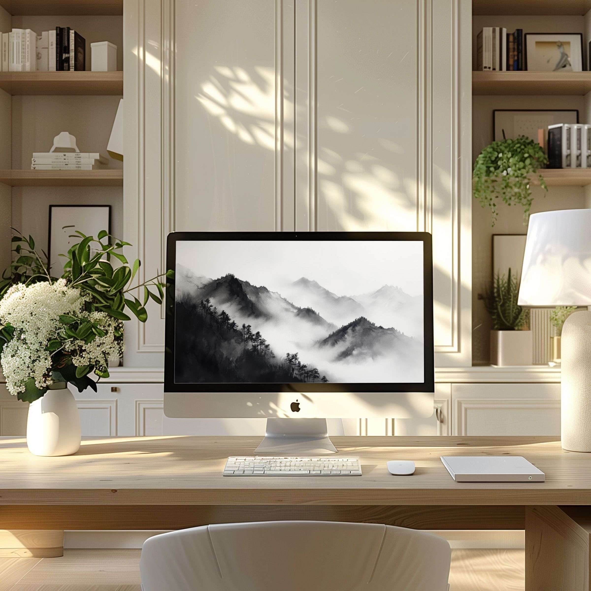 Elevate your PC and laptop with this serene mountain landscape wallpaper for computer in a stylish, modern home office setting