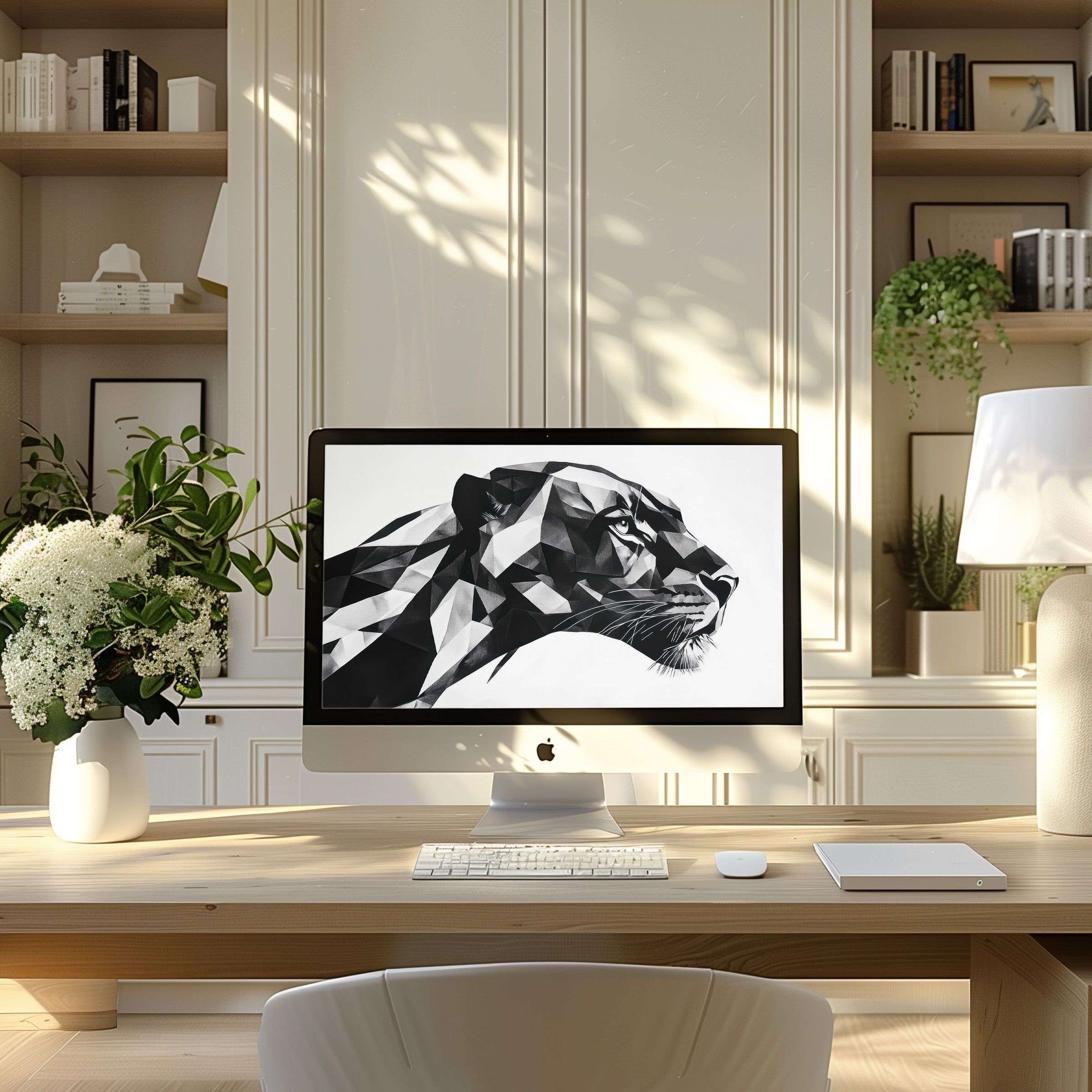 Elegant geometric panther art as wallpaper for computer in serene home office setting inspires calm on PC or Laptop screens