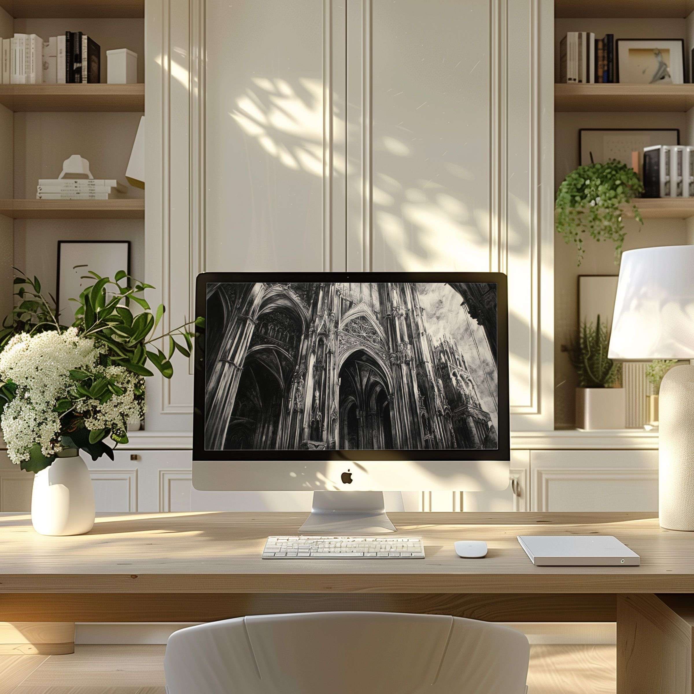 Elegant architectural digital artwork for wallpaper on PC or laptop inspires calm in a modern home office setting