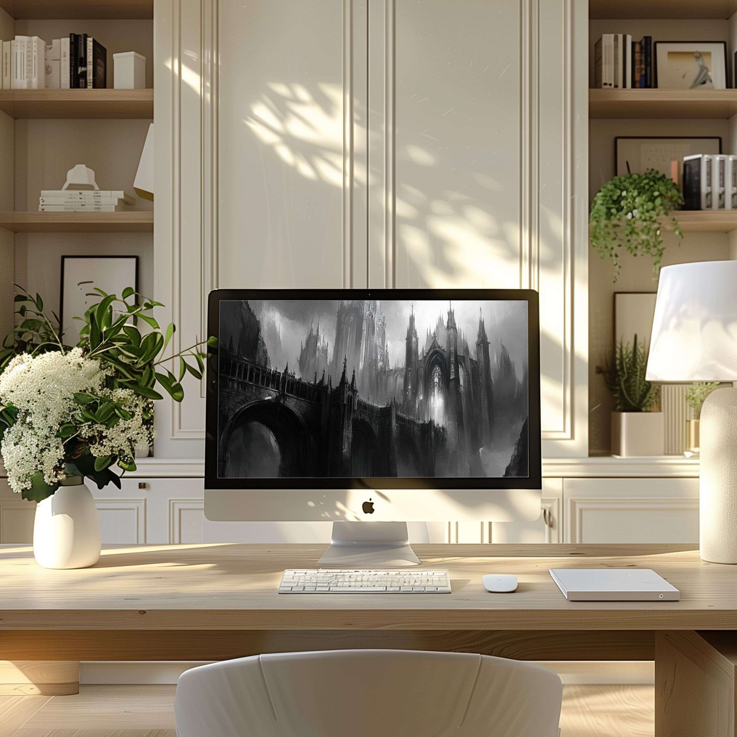 Elegant grayscale architectural motif wallpaper for computer inspires calm in a modern home office setting ideal for PC or laptop