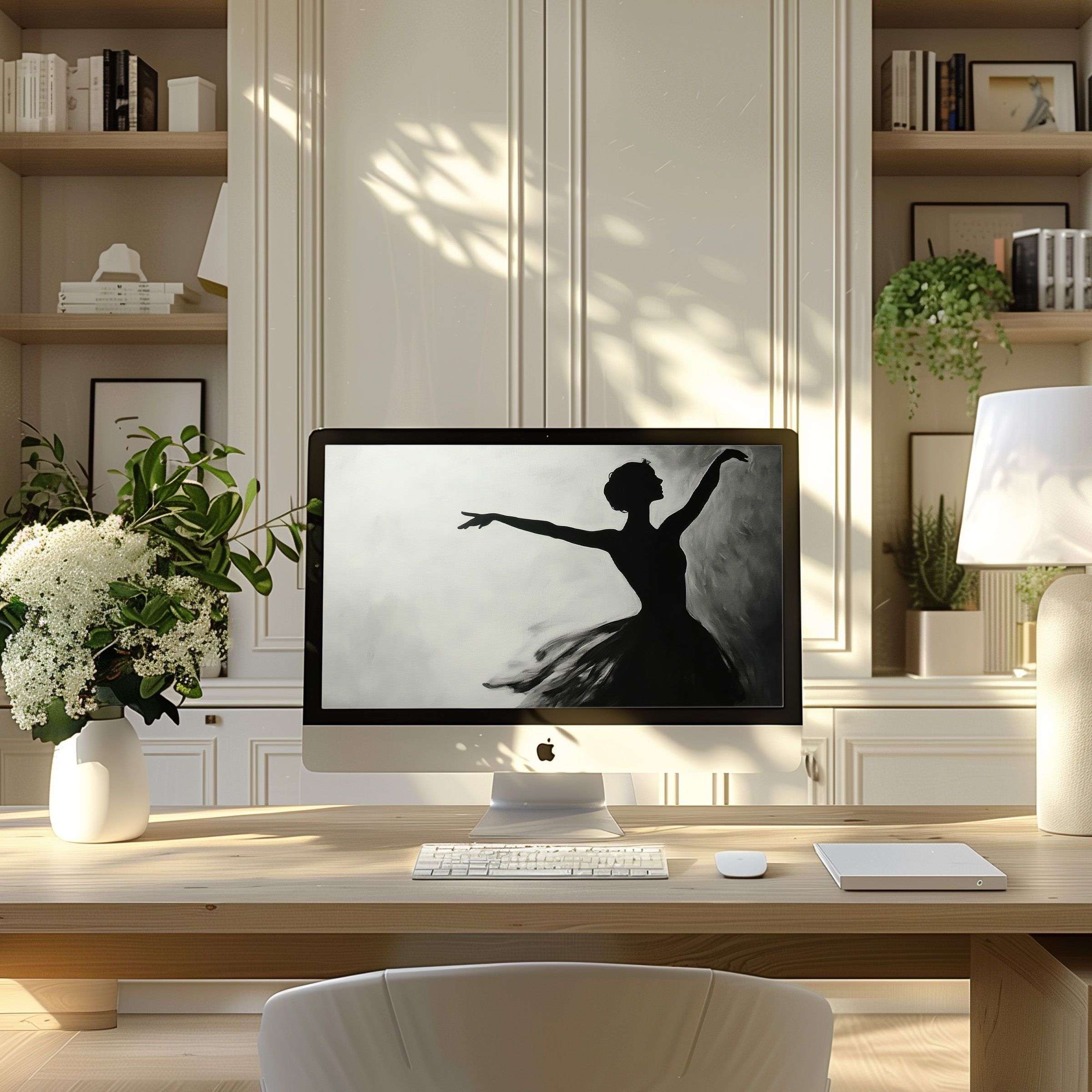 Elegant ballet silhouette digital wallpaper for computer inspiring calm elegance in modern home office for PC and Laptop display