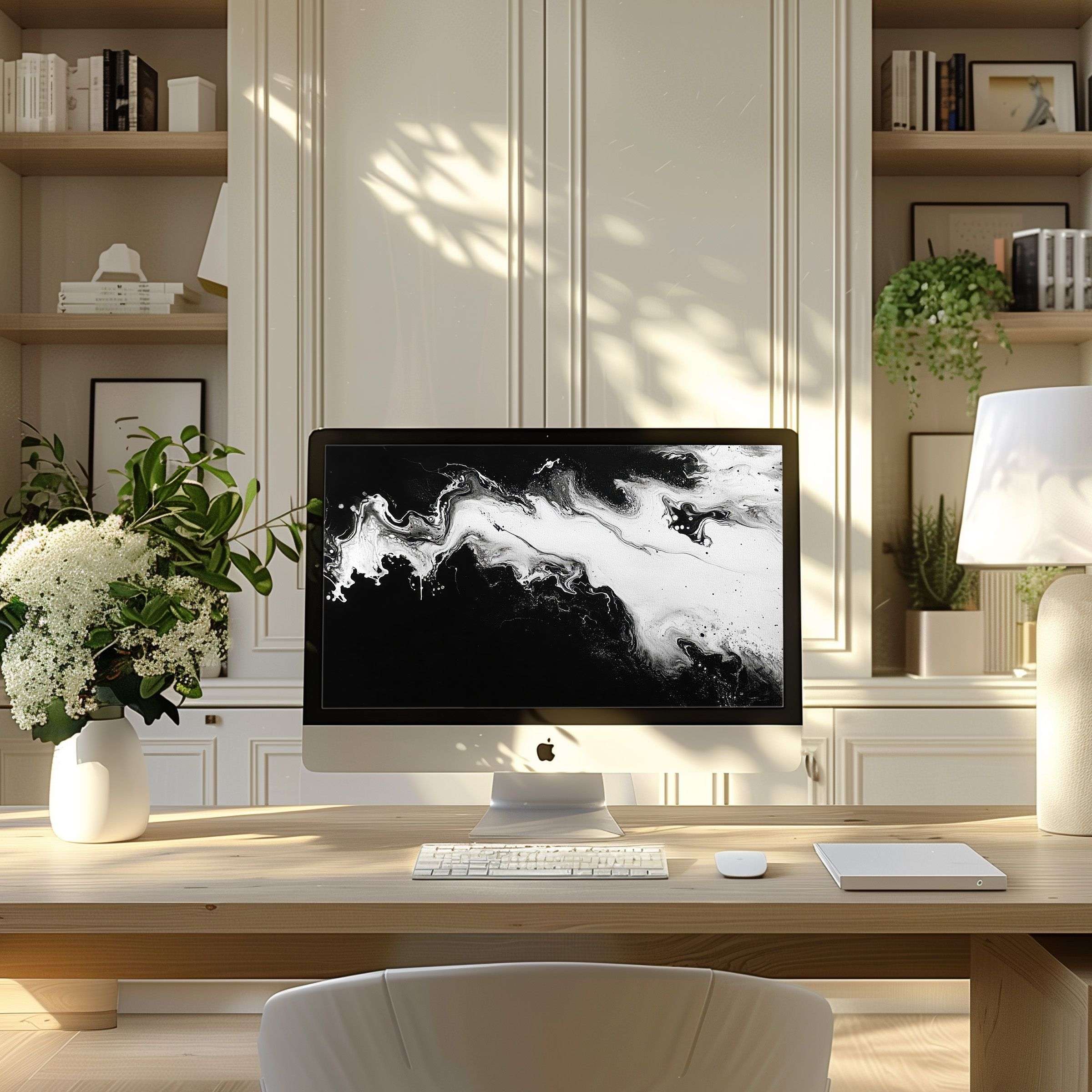 Elegant black and white abstract motif wallpaper for computer inspires calm in a modern home office setup fit for PC, laptop download