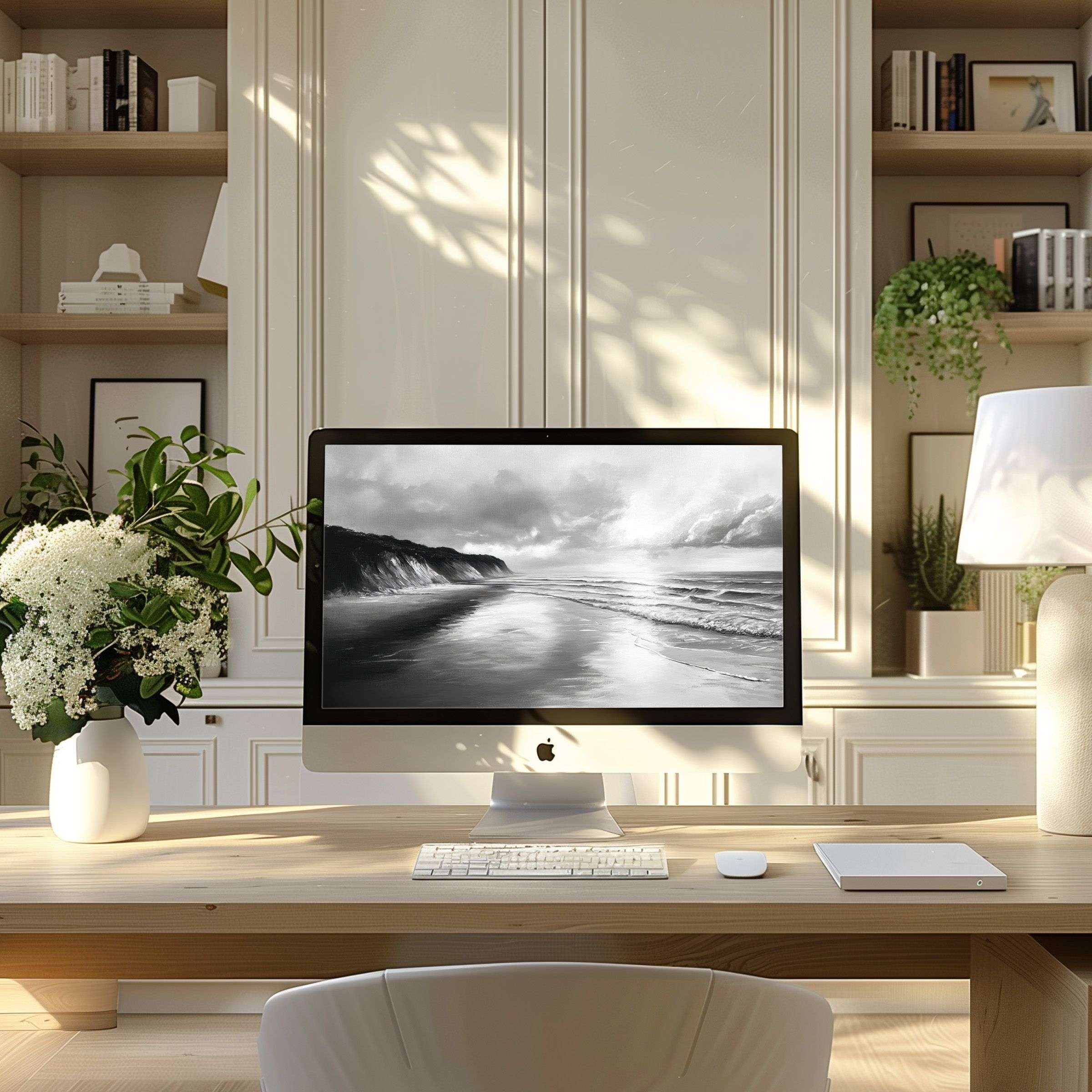 Elegant black and white seascape wallpaper for computer creates calm in modern home office, perfect for PC, Laptop, digital download