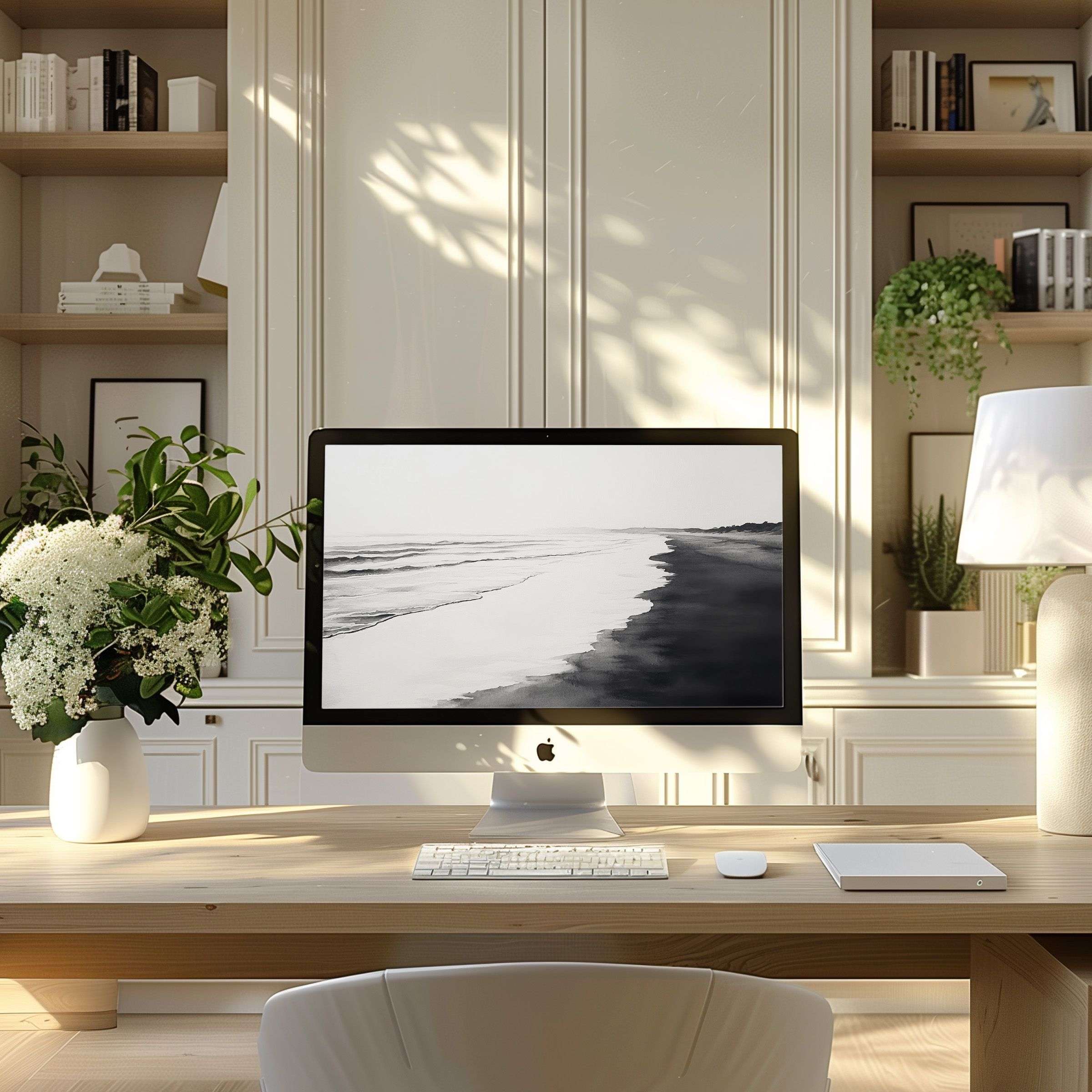 Elegant coastal digital art wallpaper for computer offers calm inspiration on PC and laptop in a modern home office setting