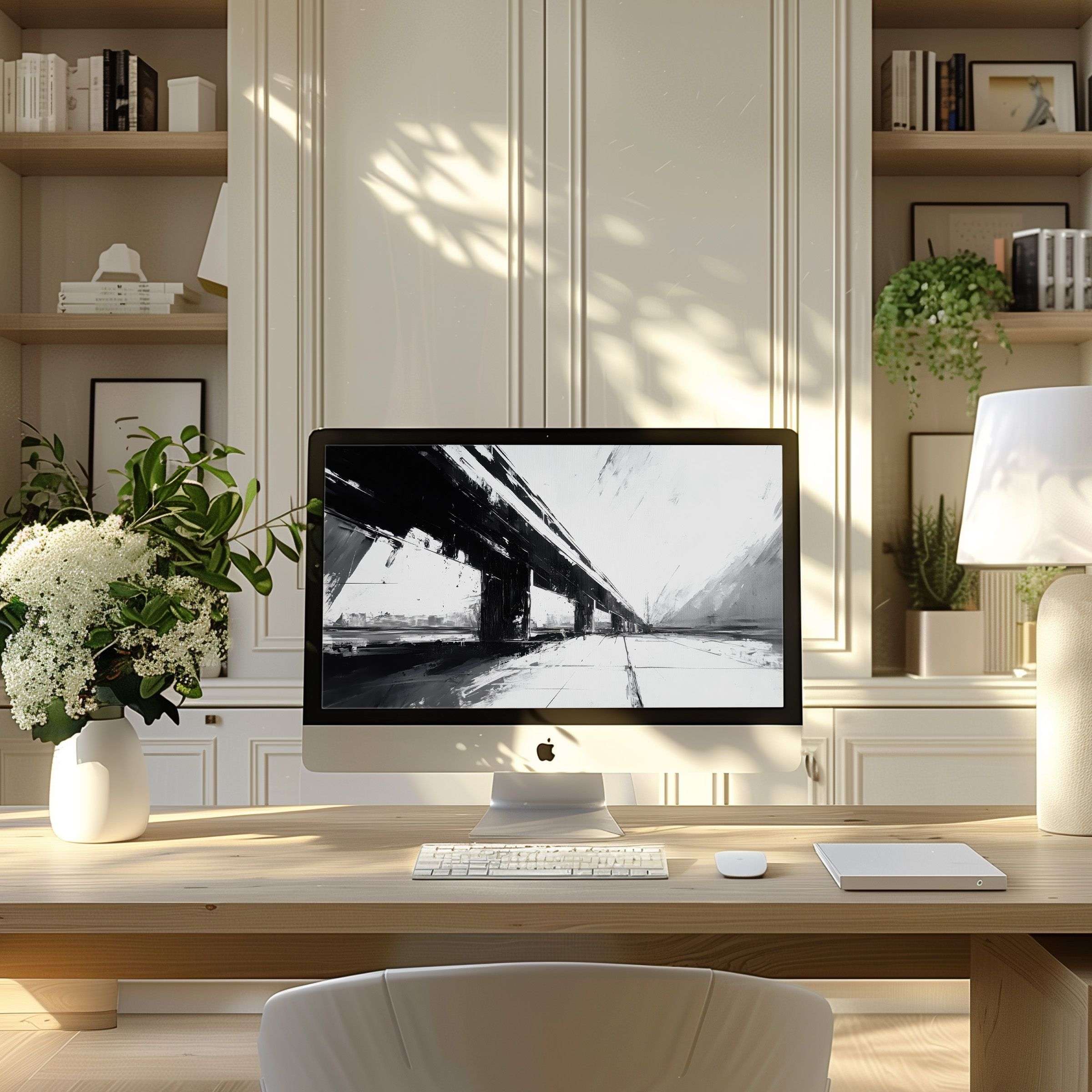 Inspiring monochrome abstract bridge design wallpaper for computer fits PC and laptop perfect for a calm modern home office ambiance