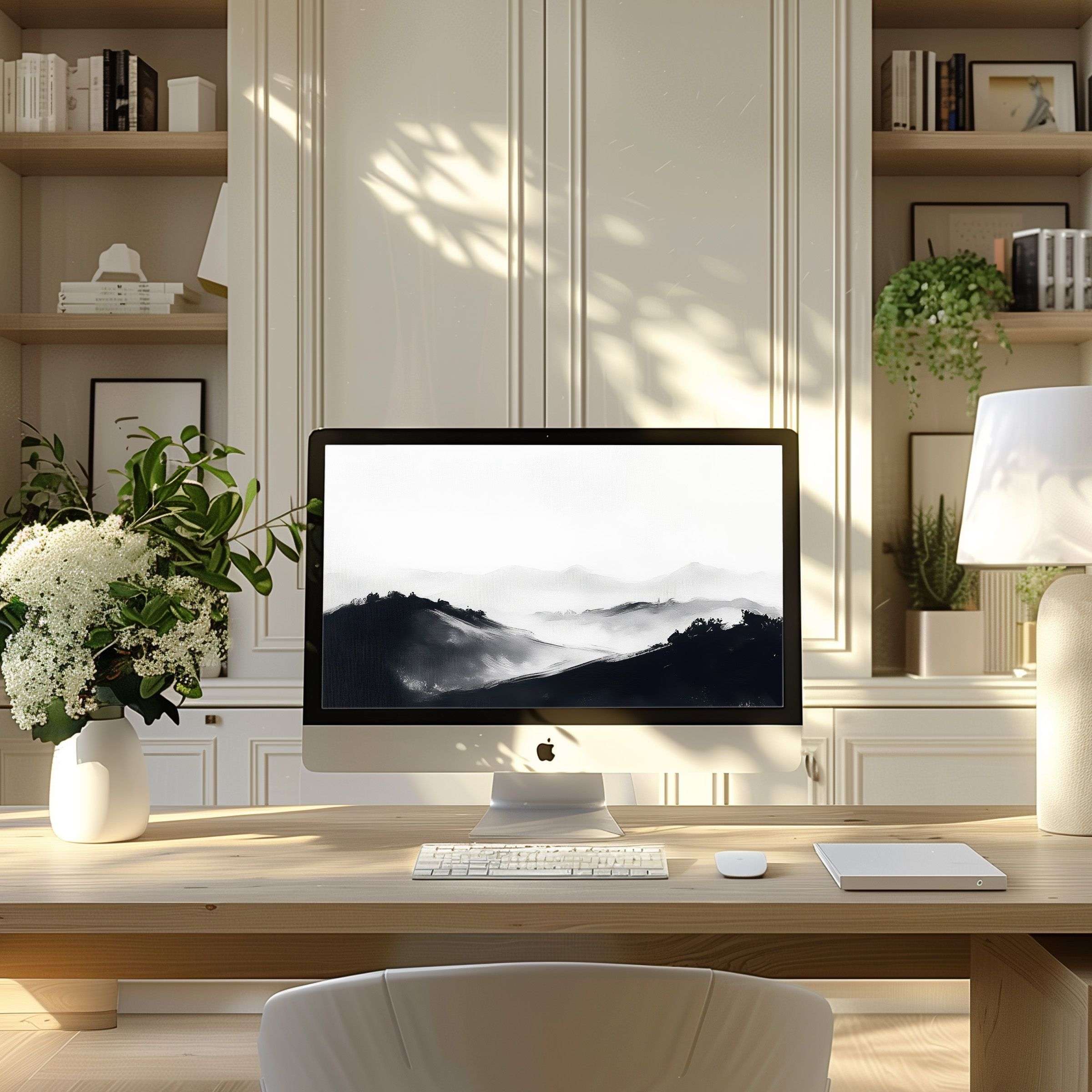Serene black and white mountain art wallpaper for computer, perfect for PC and laptop, enhances modern home office elegance