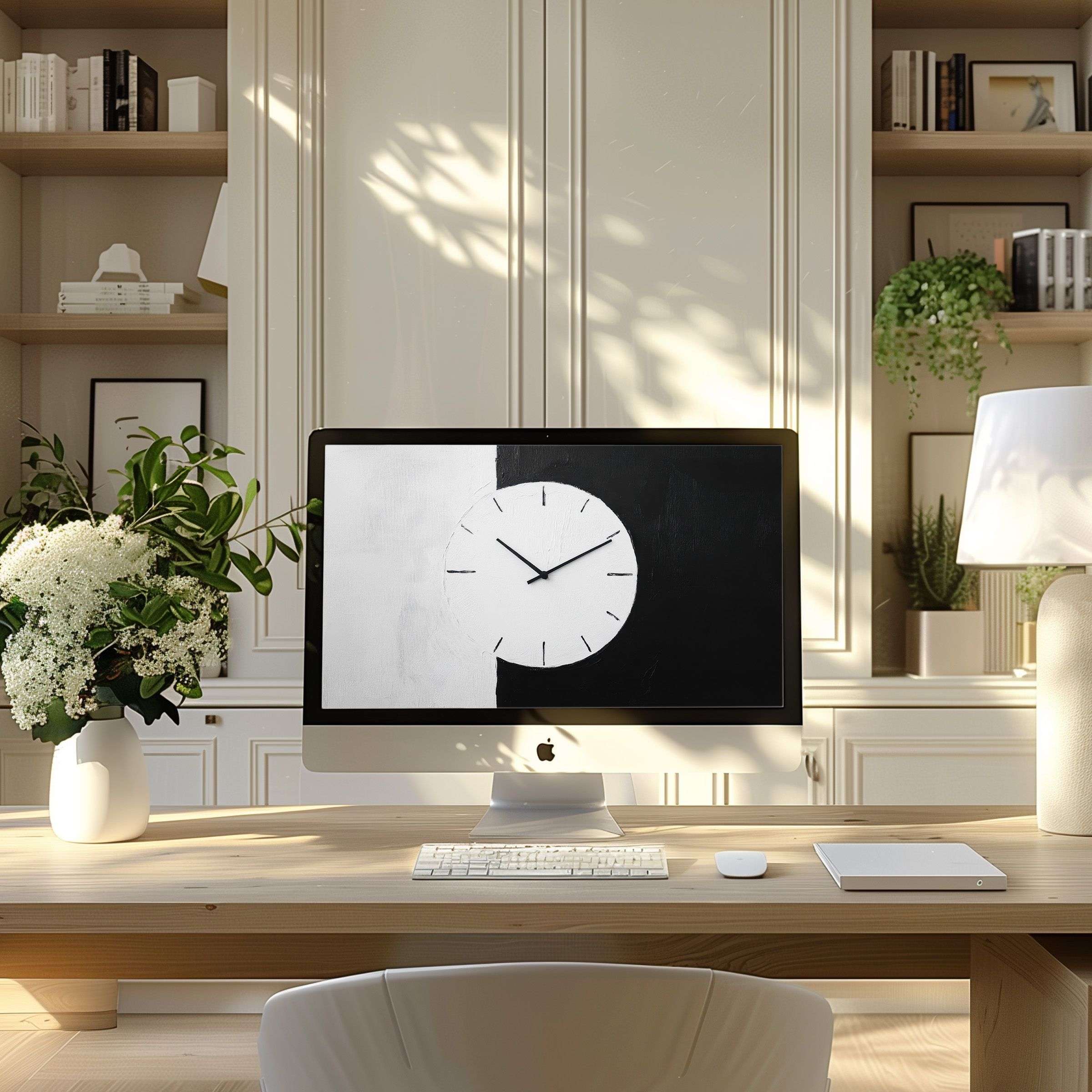 Calm modern home office with monochrome clock artwork wallpaper for computer PC and laptop digital download elegant design