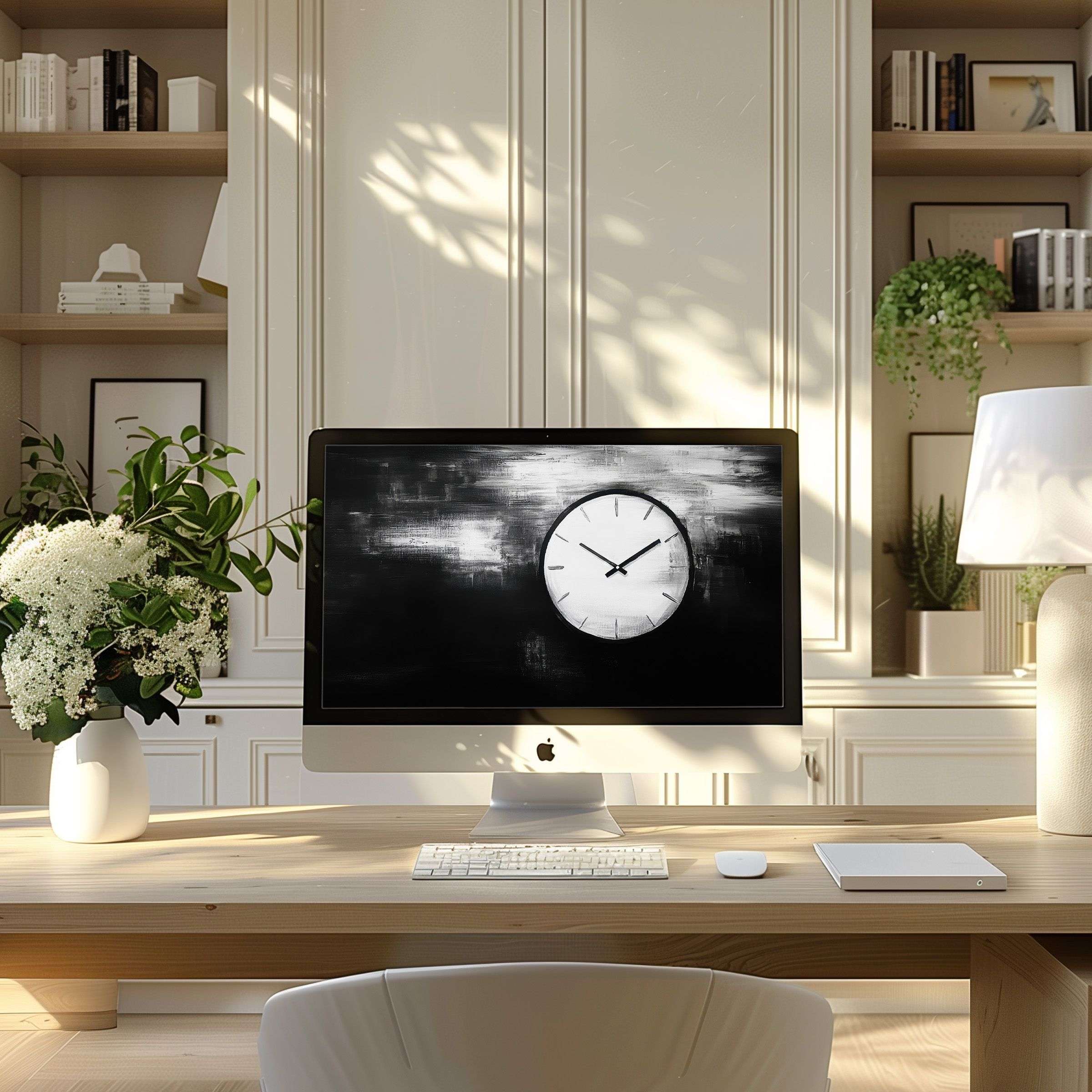 Elegant monochrome clock wallpaper for computer enhances modern home office on PC, laptop, offering calm inspiration and digital download