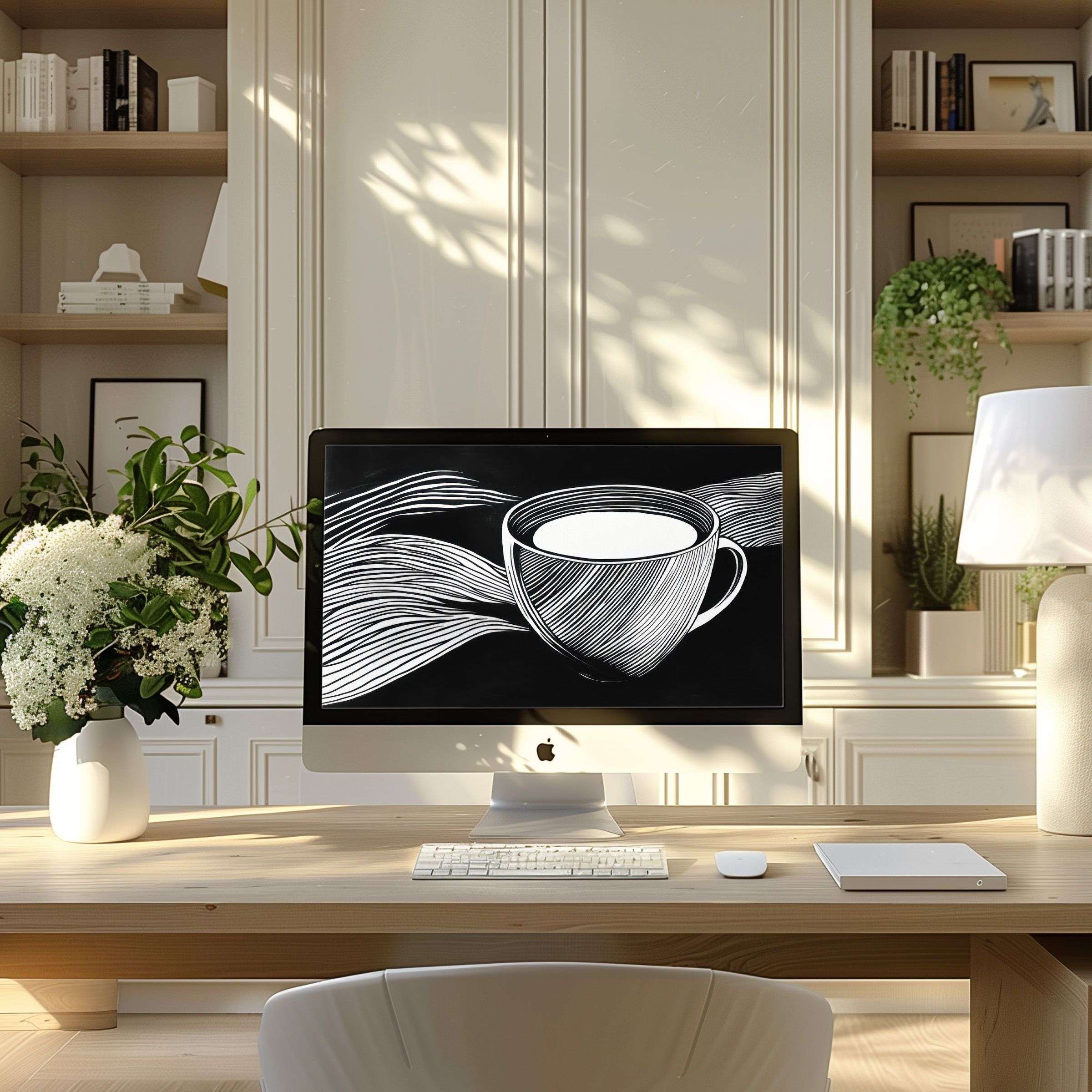Inspiring modern wallpaper for computer with elegant coffee cup design fits PC, laptop, ultrawide digital download enhancing calm elegance