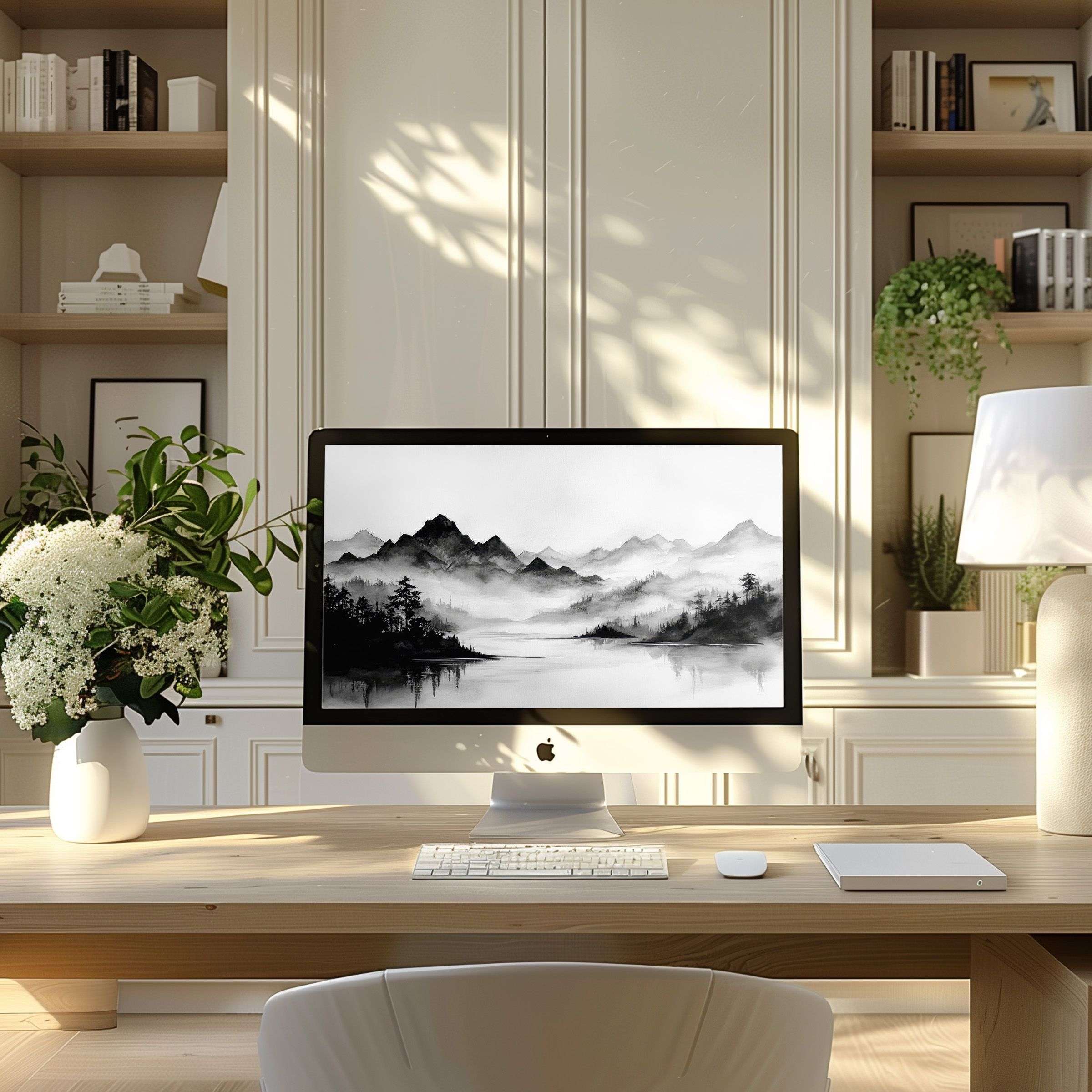 Elegant mountain landscape wallpaper for computer and laptop promoting calm and inspiration in a modern home office setting