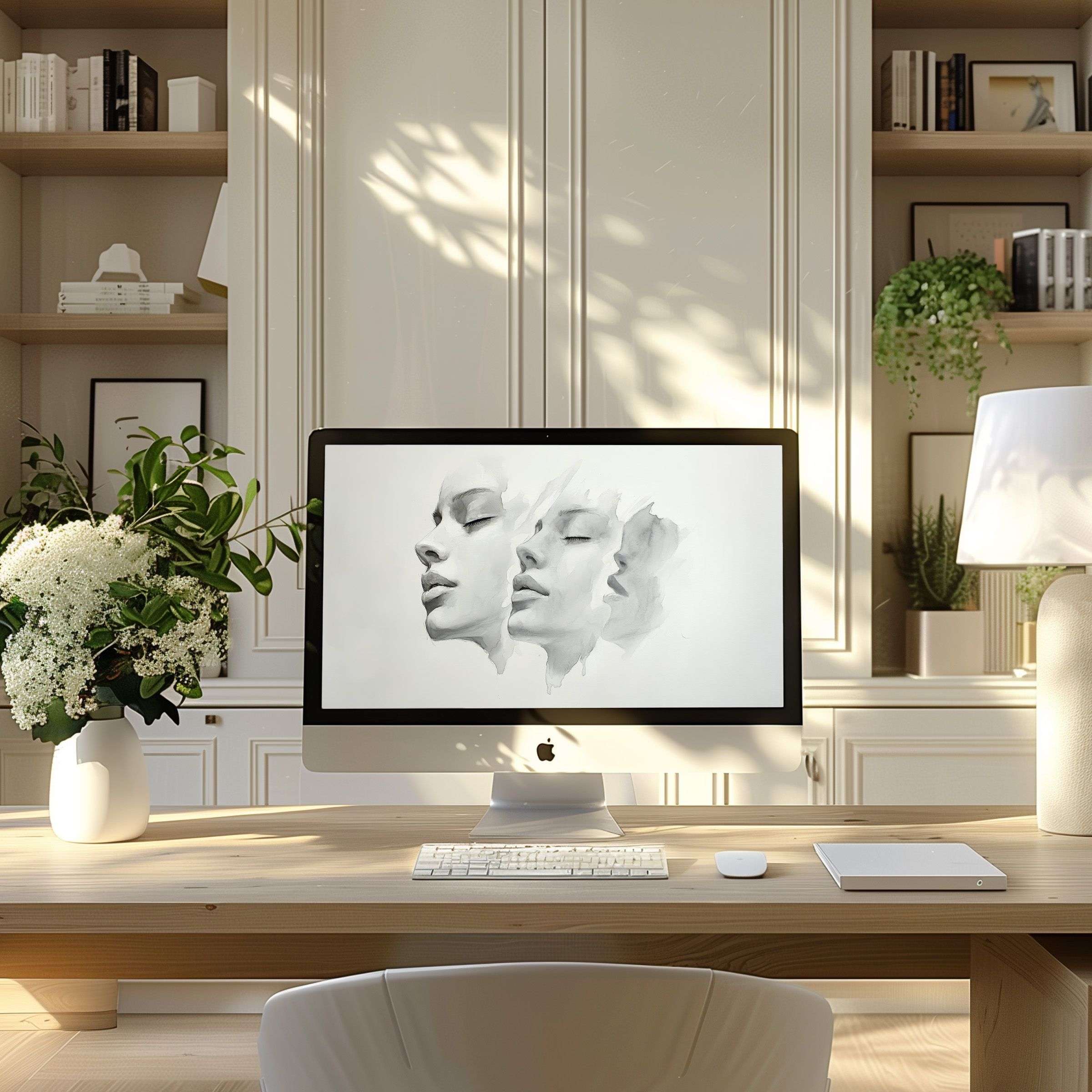 Elegant watercolor face art, perfect wallpaper for computer, PC, and laptop, enhances calm in a modern home office setting