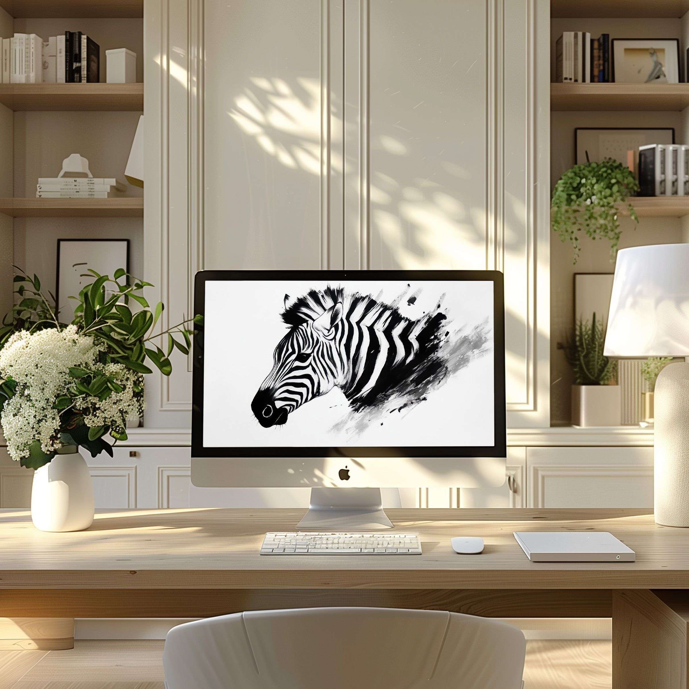 Elegant zebra art wallpaper for computer transforms any modern home office into a serene space; ideal for PC, laptop, ultrawide download