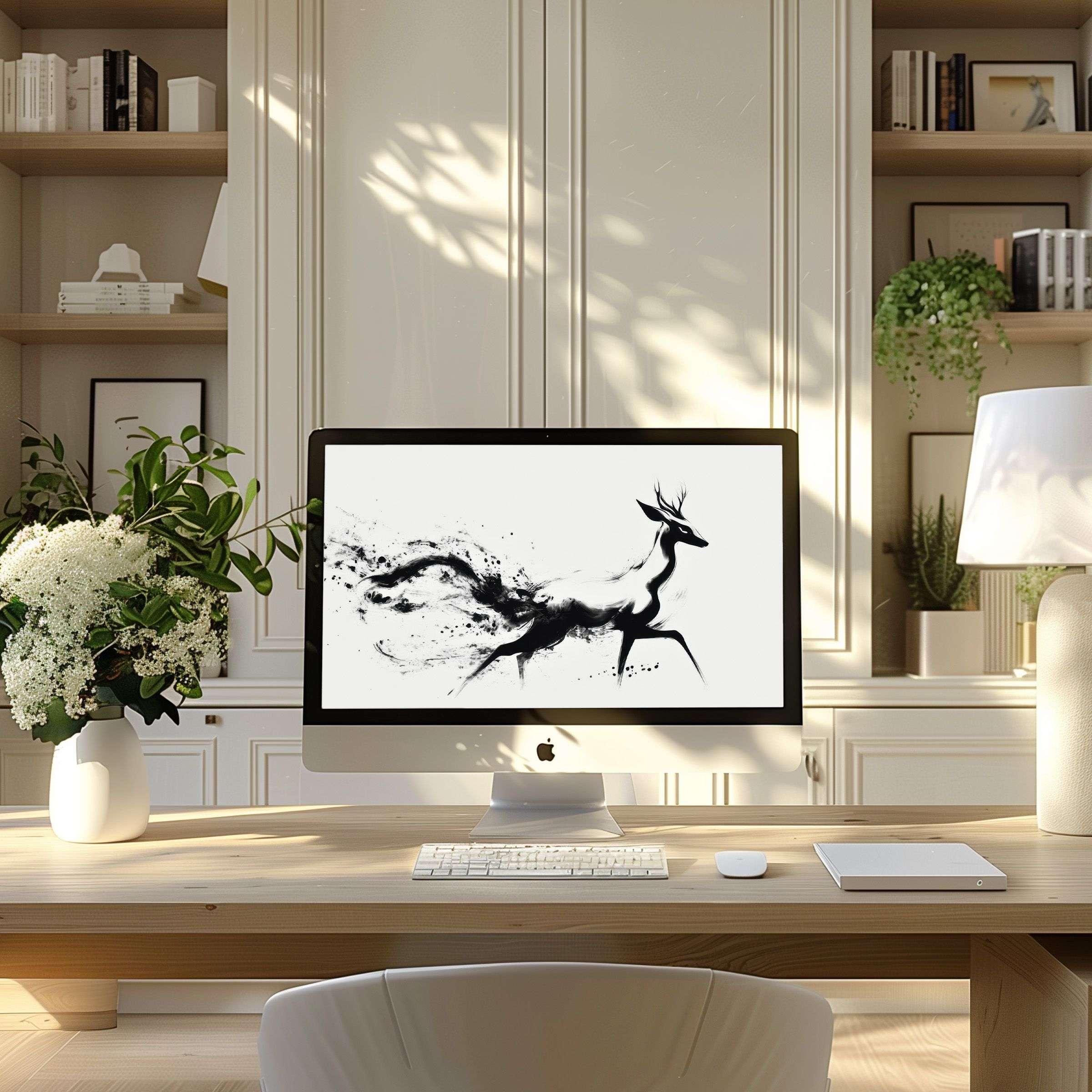 Elegant deer motif in black and white as wallpaper for computer on modern desk inspires calm for PC or laptop use Digital download