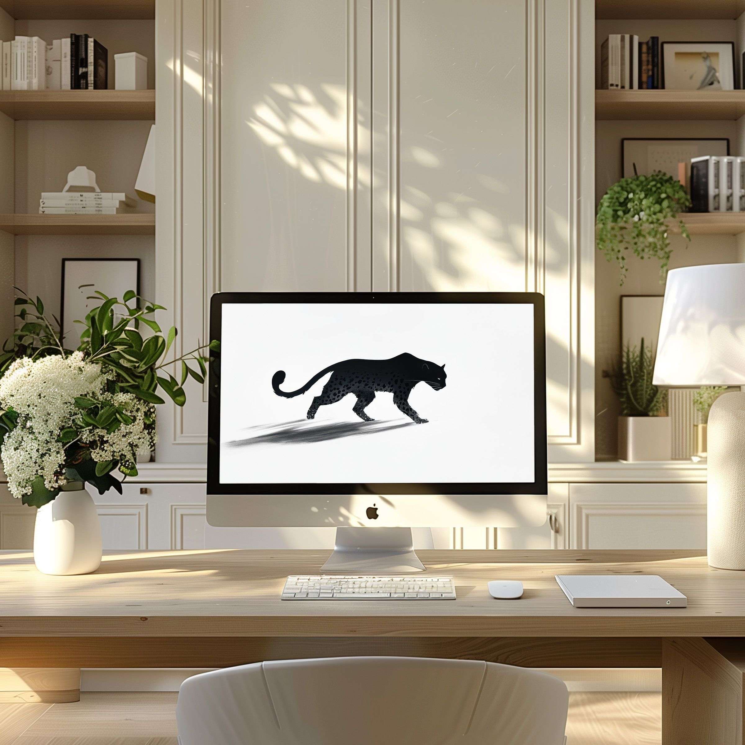 Elegant black panther artwork as a wallpaper for computer in a serene home office setting fits PC, laptop, digital download