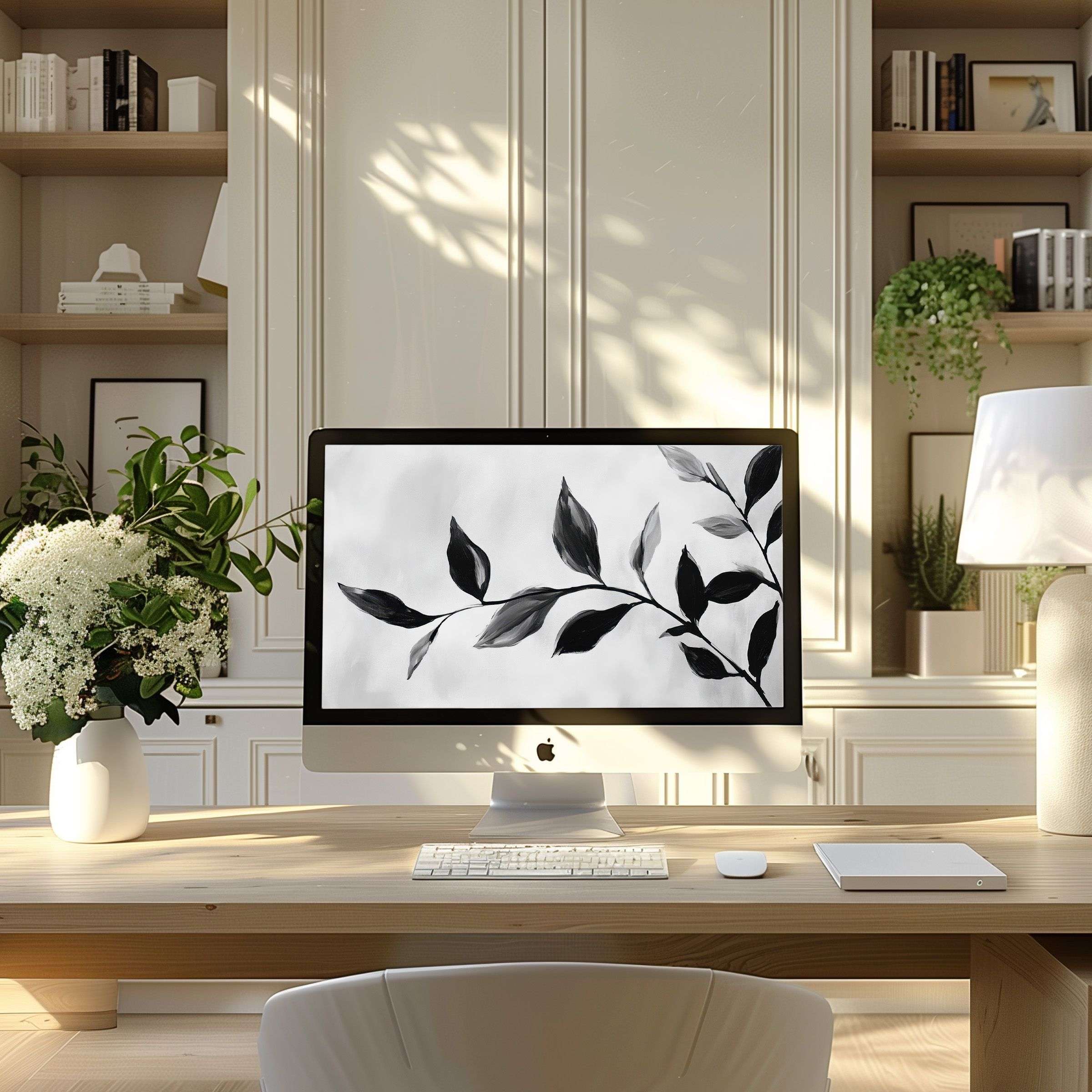 Lush black and white botanical art wallpaper for computer adds elegance and calm to a cozy modern home office setup for PC and laptop