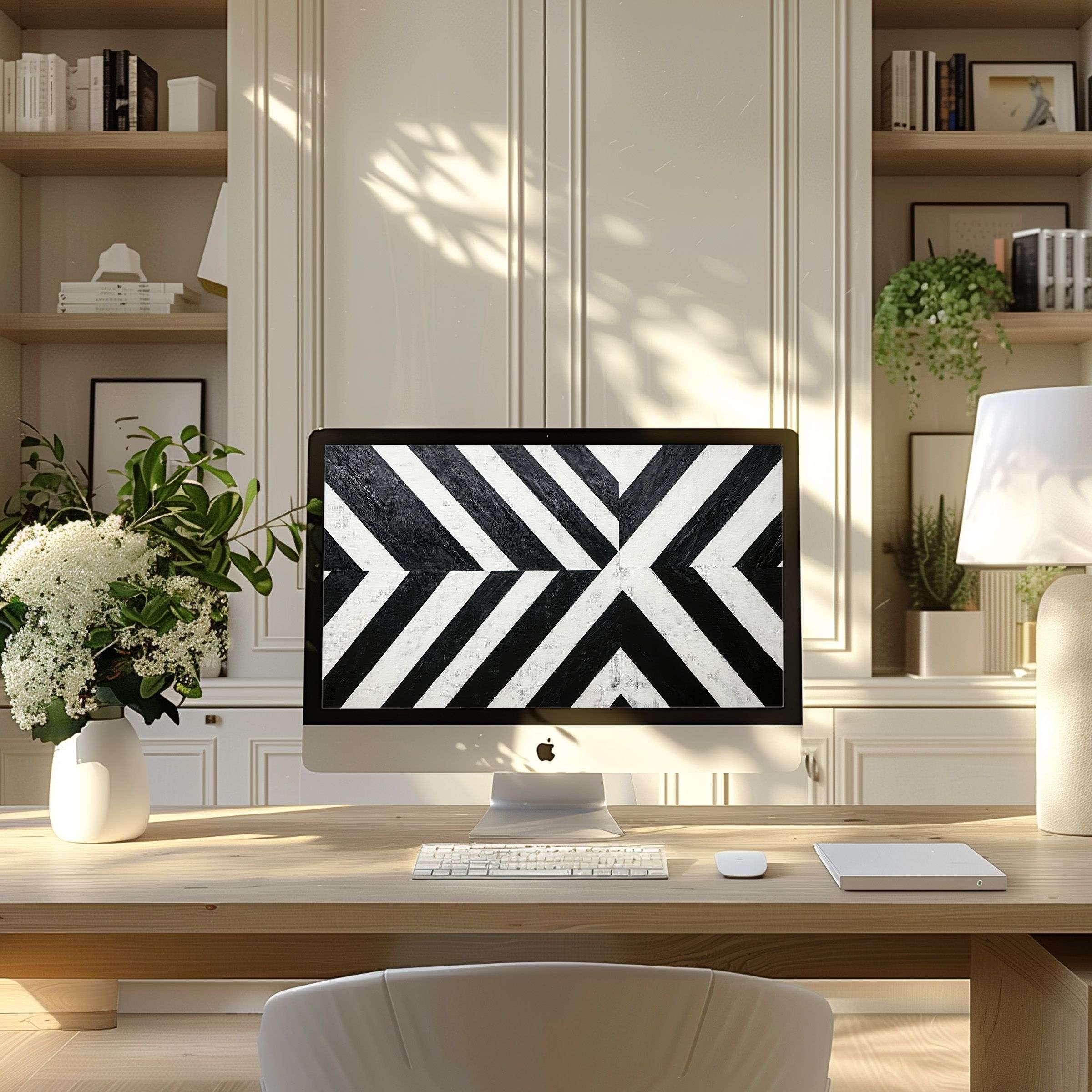 Elegant black and white geometric wallpaper for computer, perfect for PC or Laptop, enhancing modern home office with calming inspiration