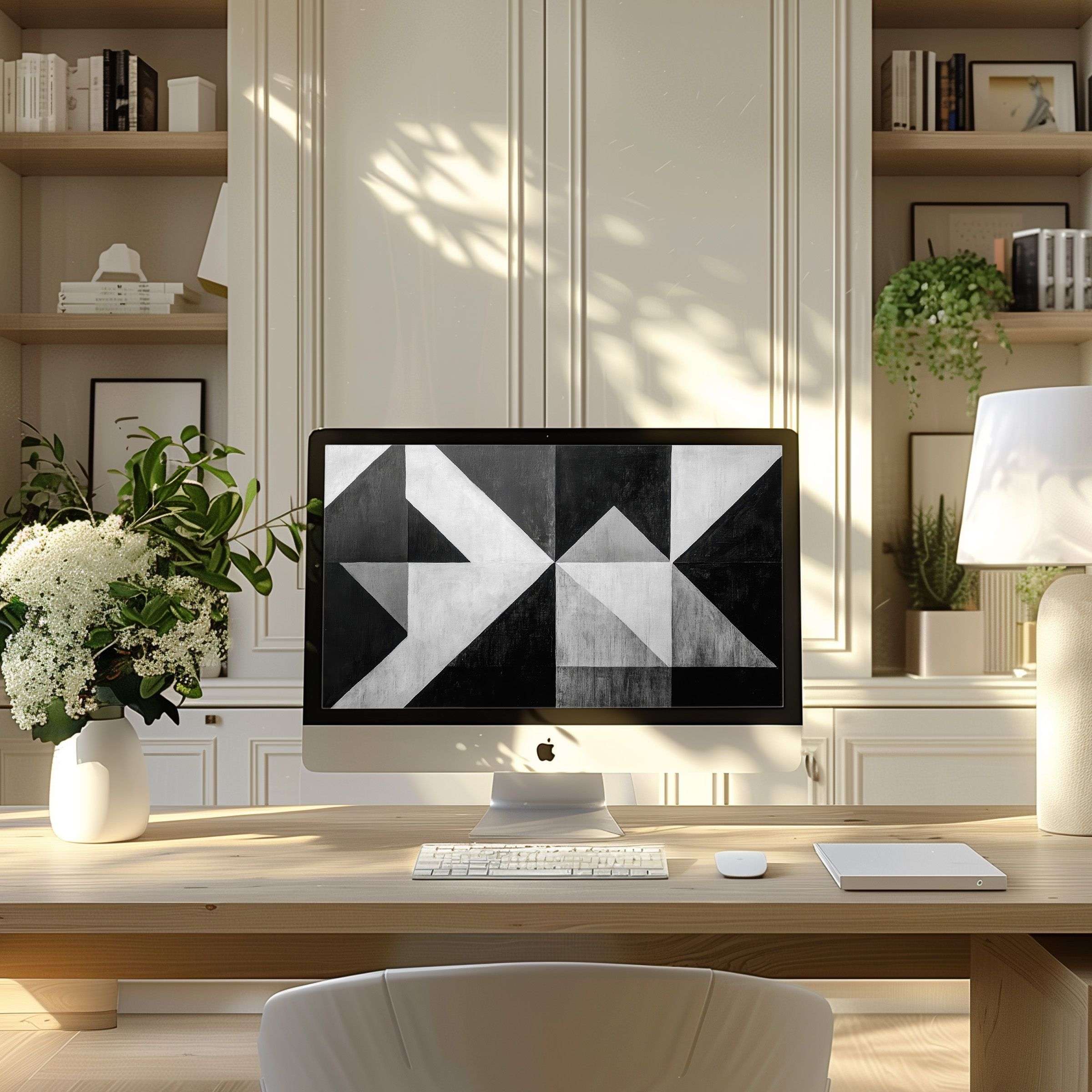 Modern geometric black and white digital art as wallpaper for computer creates elegance and calm in a stylish PC or Laptop setup