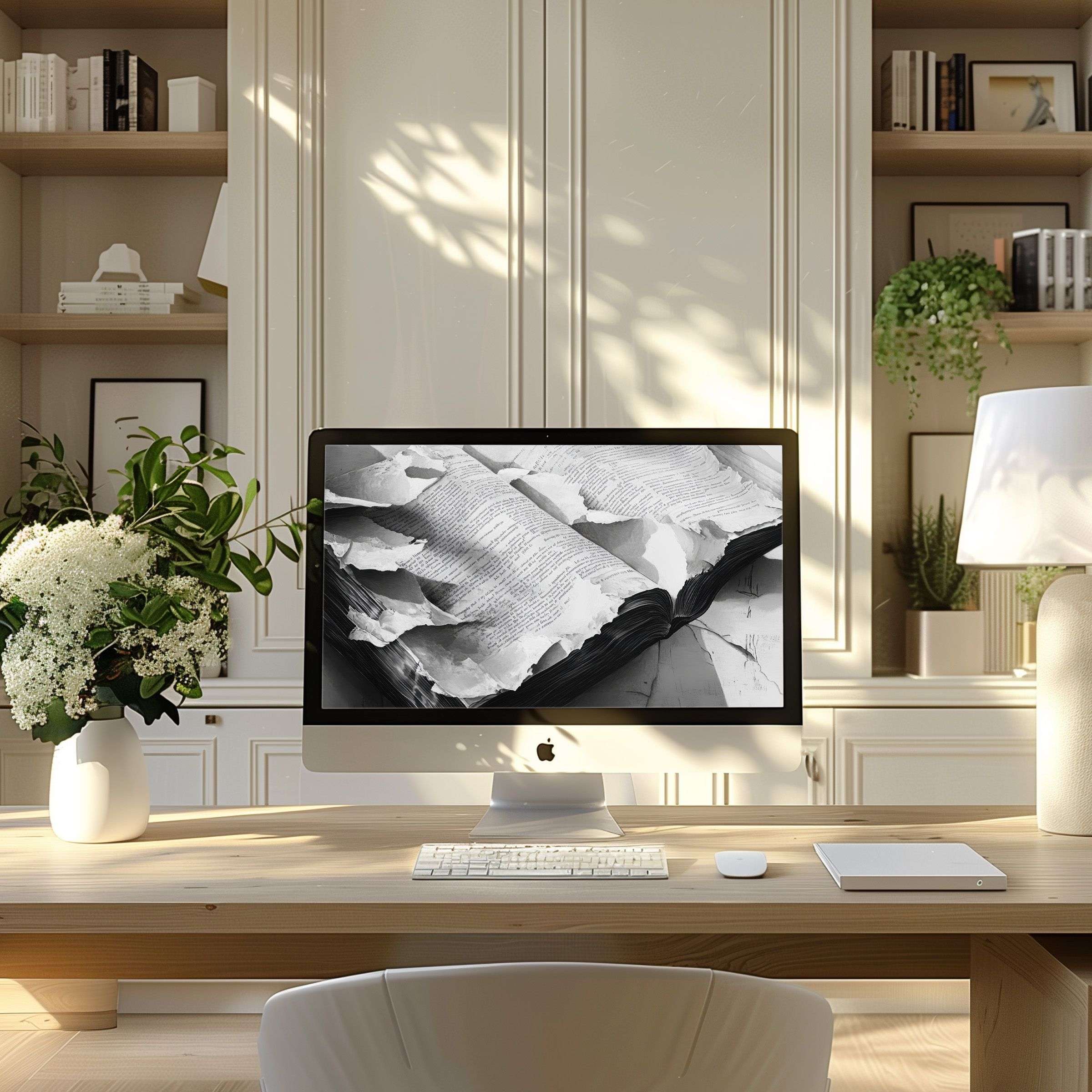 Modern home office with an elegant black and white digital art piece of a book as wallpaper for computer, PC, and laptop download