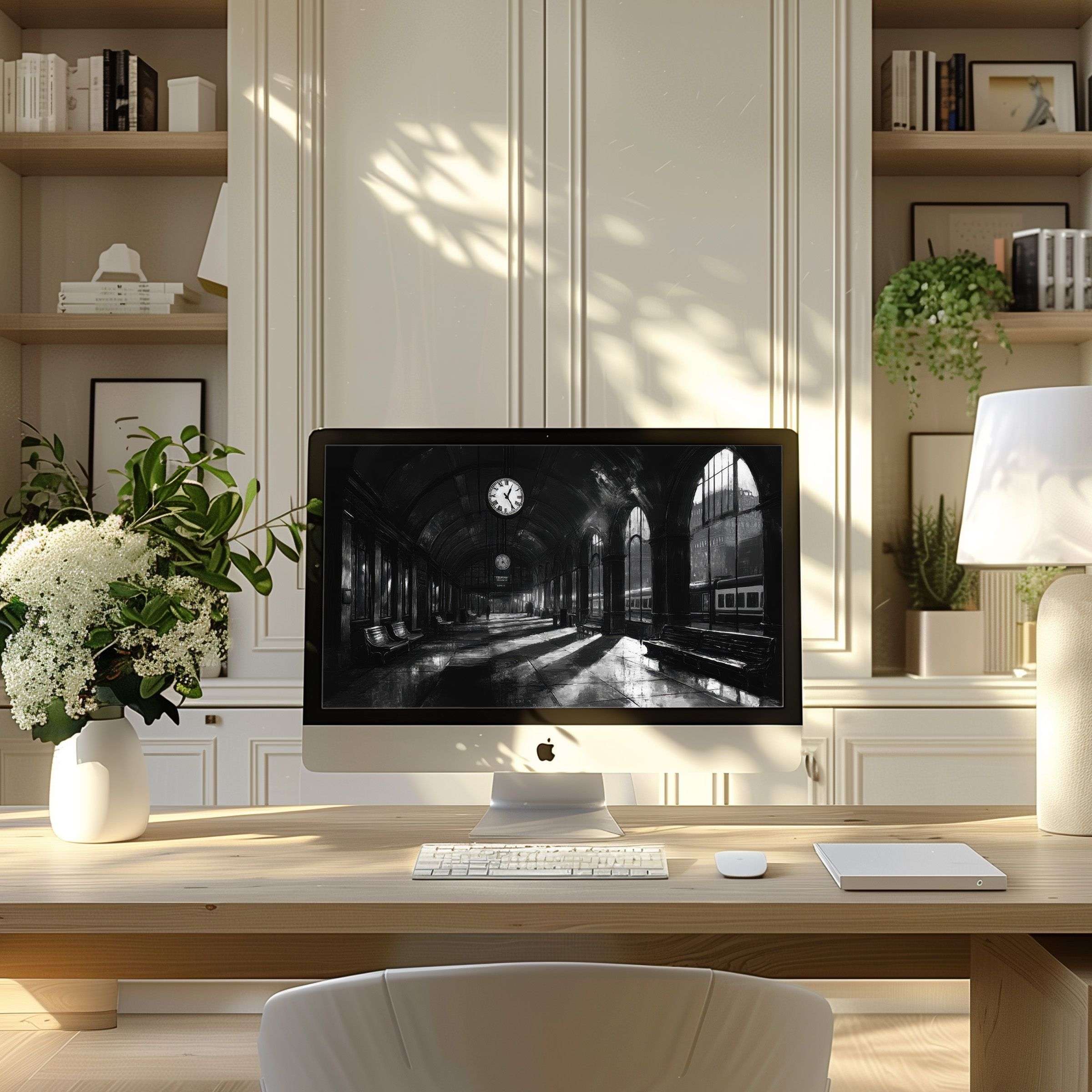 Elegant monochrome artwork creates a serene wallpaper for computer, enhancing PC and laptop spaces with timeless inspiration and style