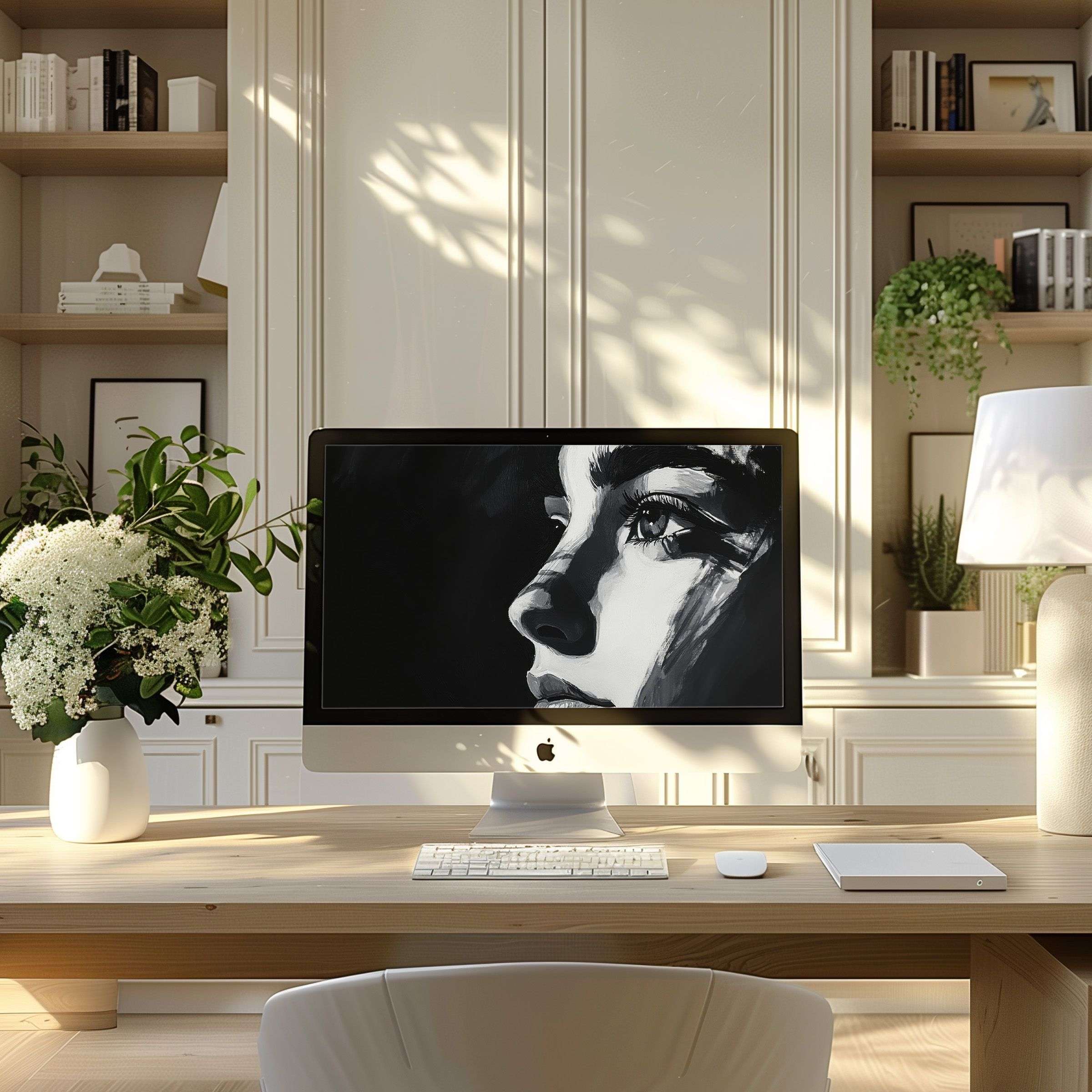 Elegant monochrome digital art wallpaper for computer offers inspiration and calm on PC or laptop in a modern home office setting