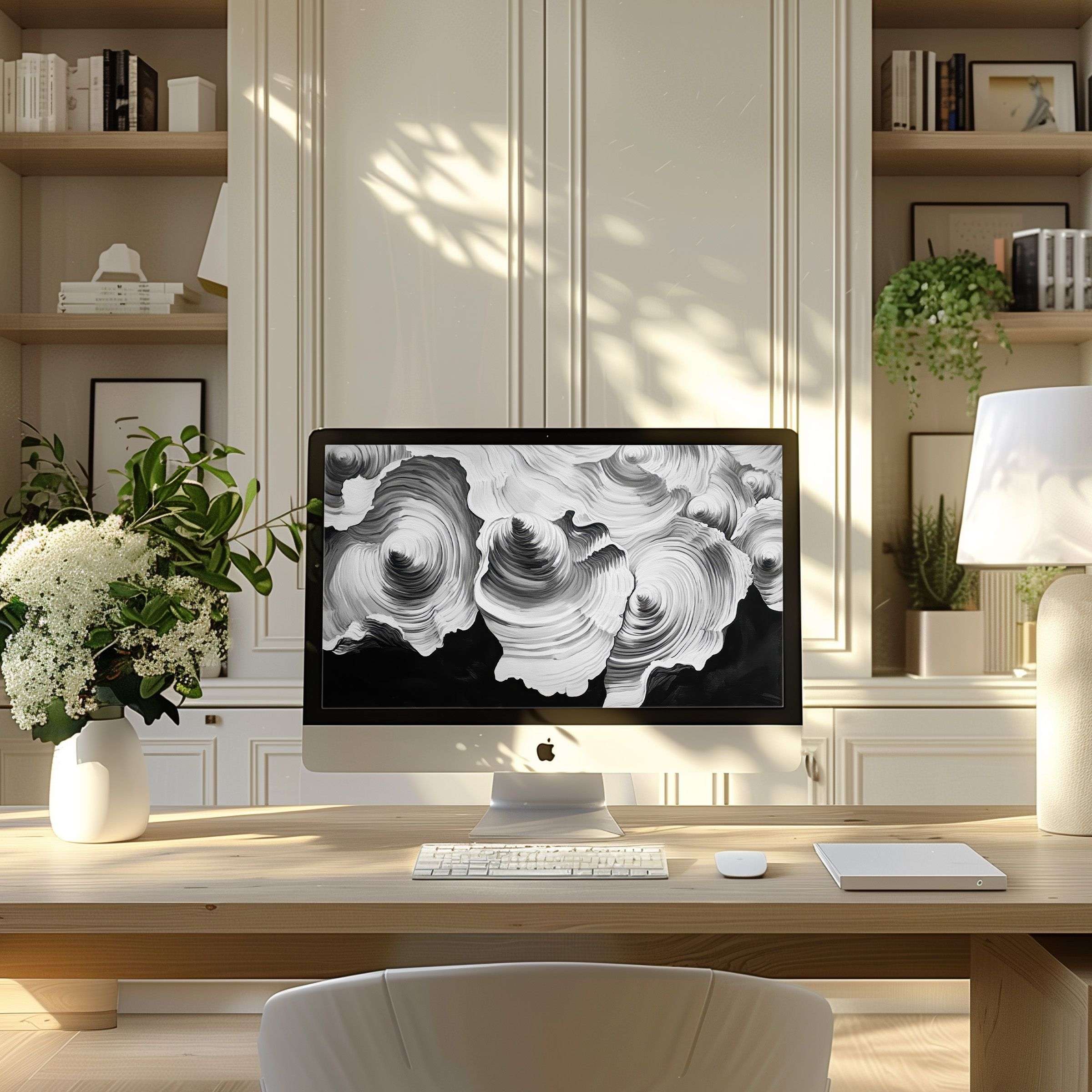 Elegant black and white digital art wallpaper for computer creates a calm, inspiring atmosphere in a modern home office, ideal for PC or laptop