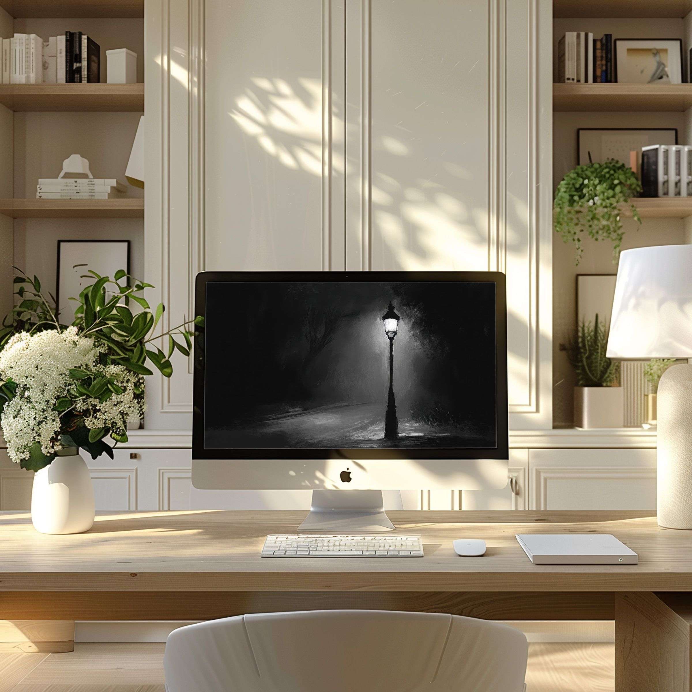 Elegant black and white lamppost artwork offers a serene wallpaper for computer or laptop inspiring calm in a modern home office