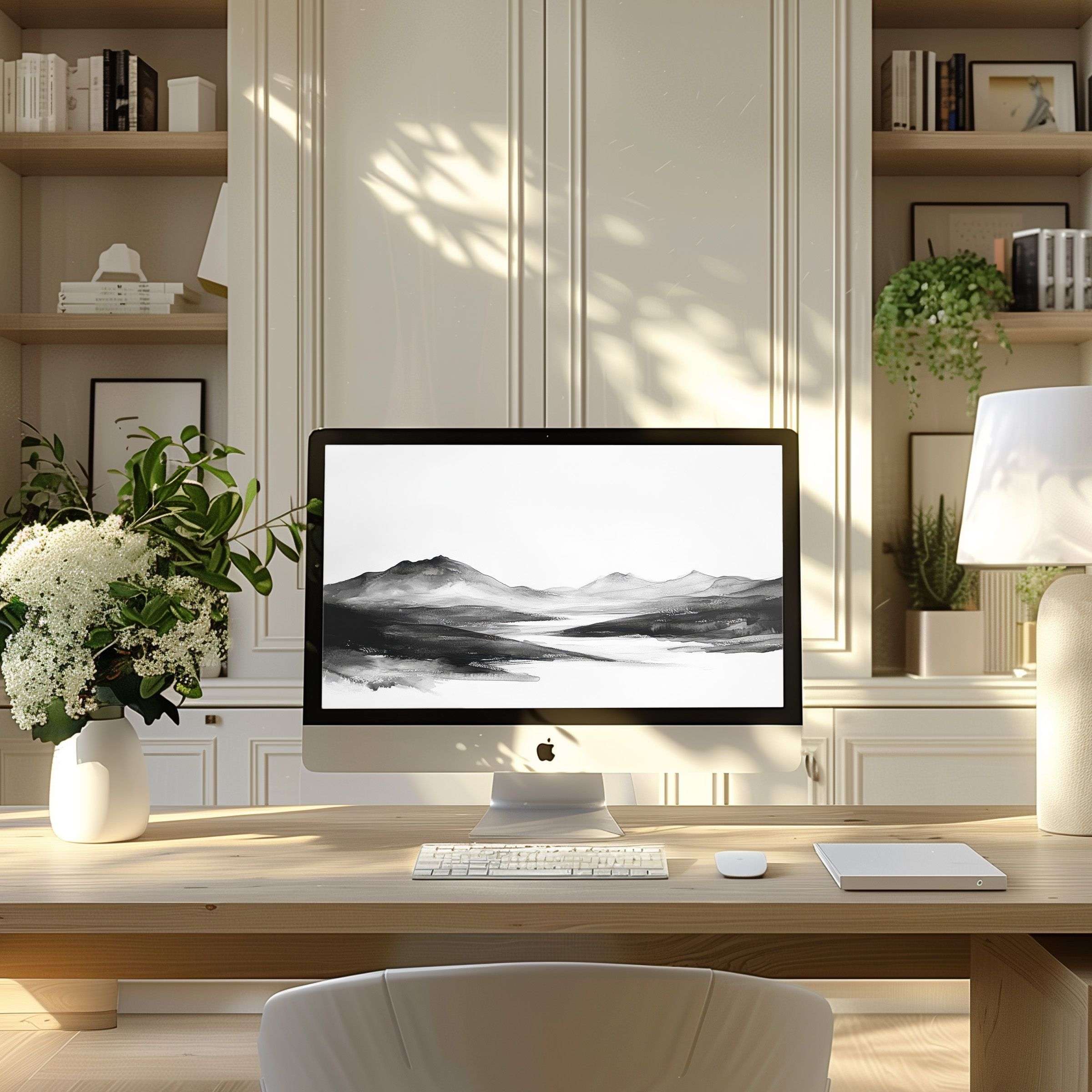 Inspire elegance with this serene black and white mountain wallpaper for computer PC or laptop, perfect for modern home offices