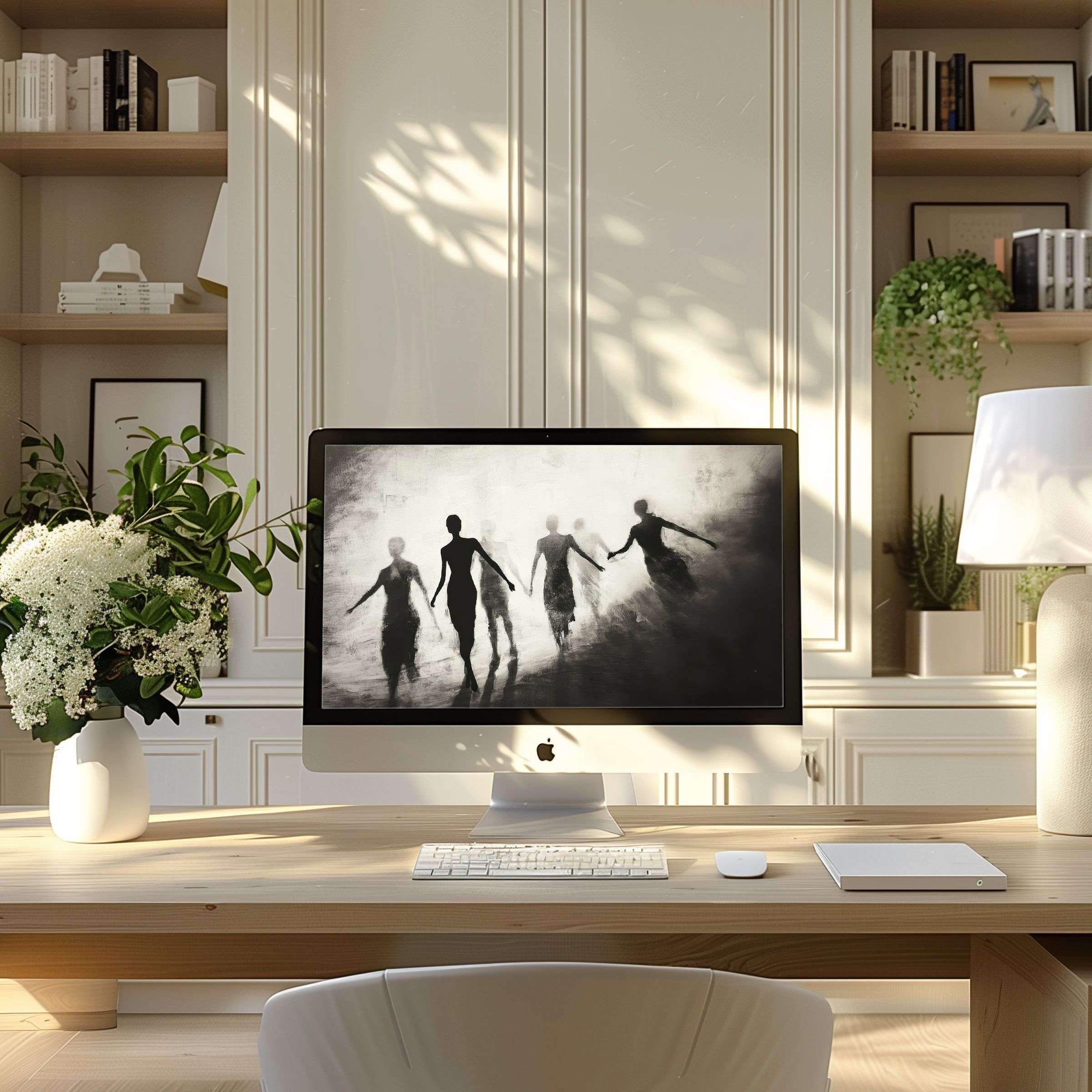 Elegant silhouette art as wallpaper for computer in a serene modern home office inspires calm on any PC or laptop screen