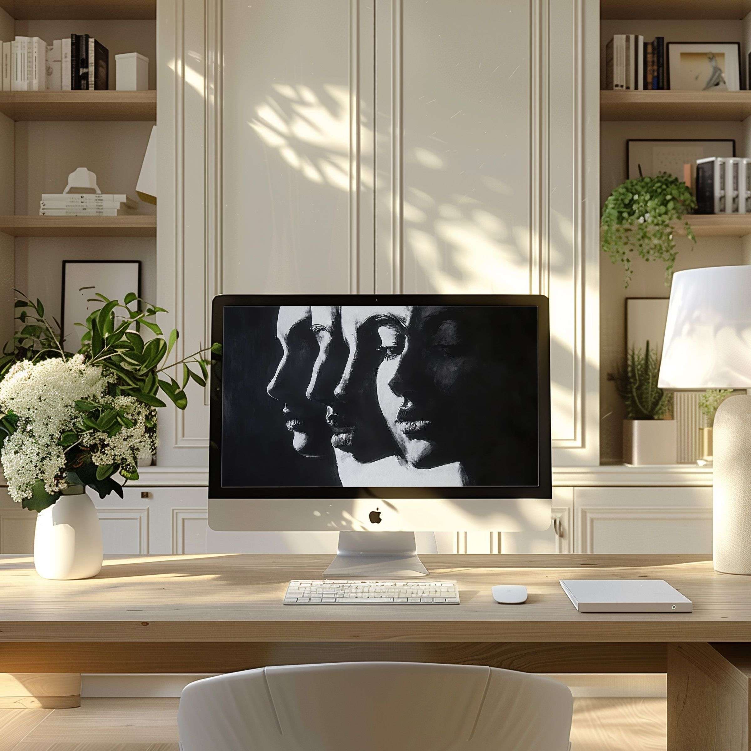 Modern monochrome digital art wallpaper for computer adds elegance and calm to any PC or laptop in a contemporary home office