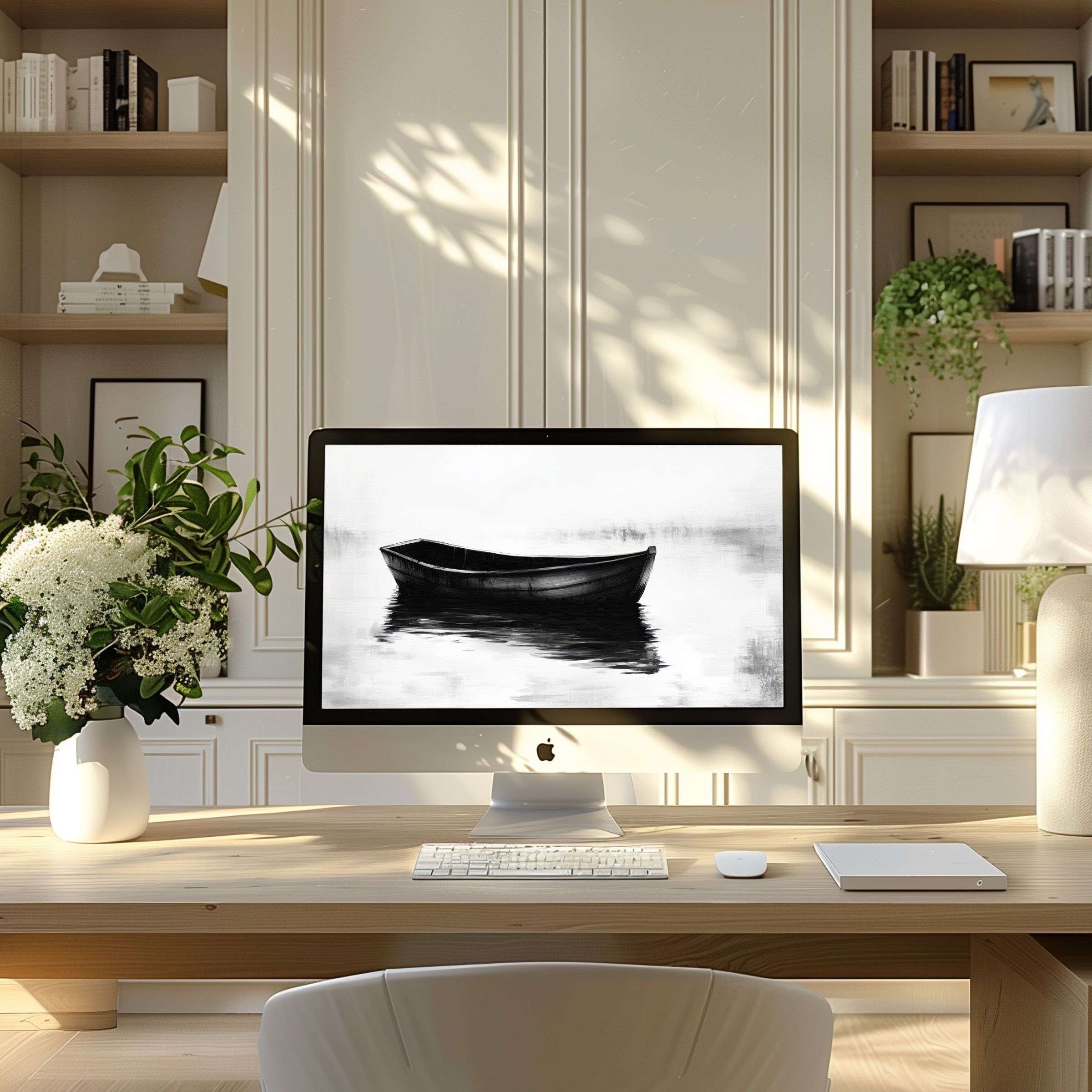 Calm monochrome boat art wallpaper for computer enhances modern home office elegance, fits PC, laptop, ultrawide download