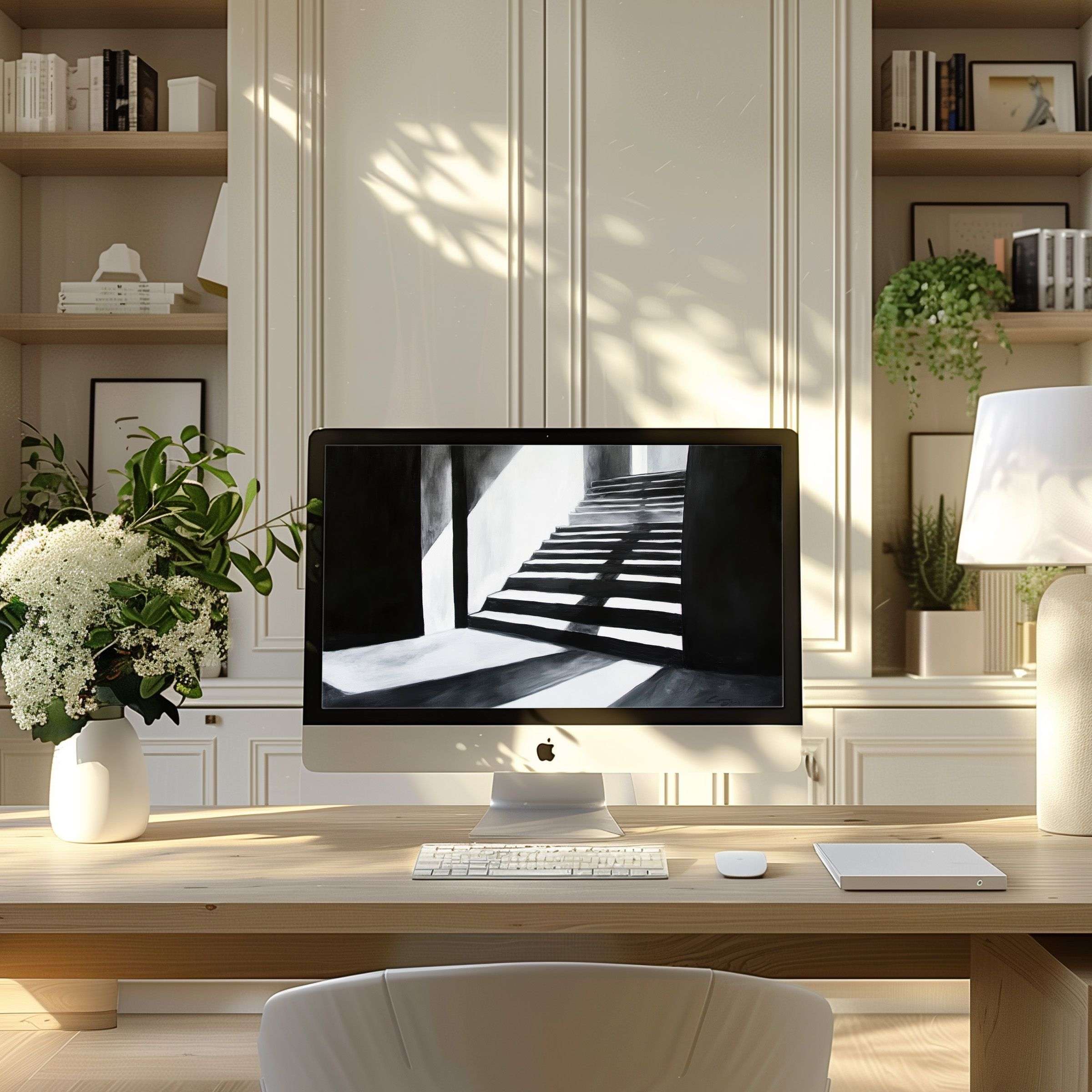 Inspiring grayscale stairs digital art as elegant wallpaper for computer in a modern home office, perfect for PC and Laptop displays