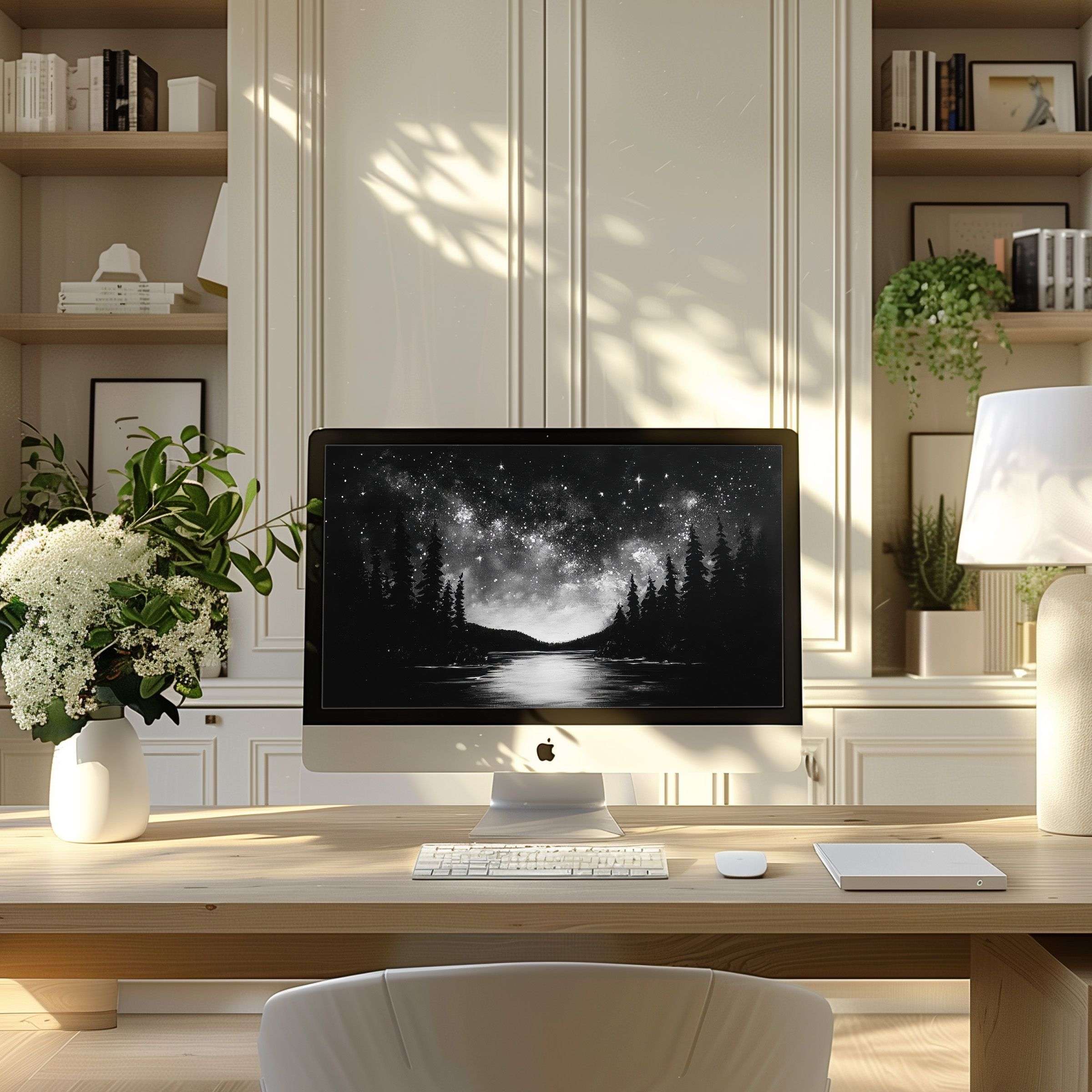 Elegant starlit forest wallpaper for computer inspires calm sophistication in modern home office ideal for PC or laptop download
