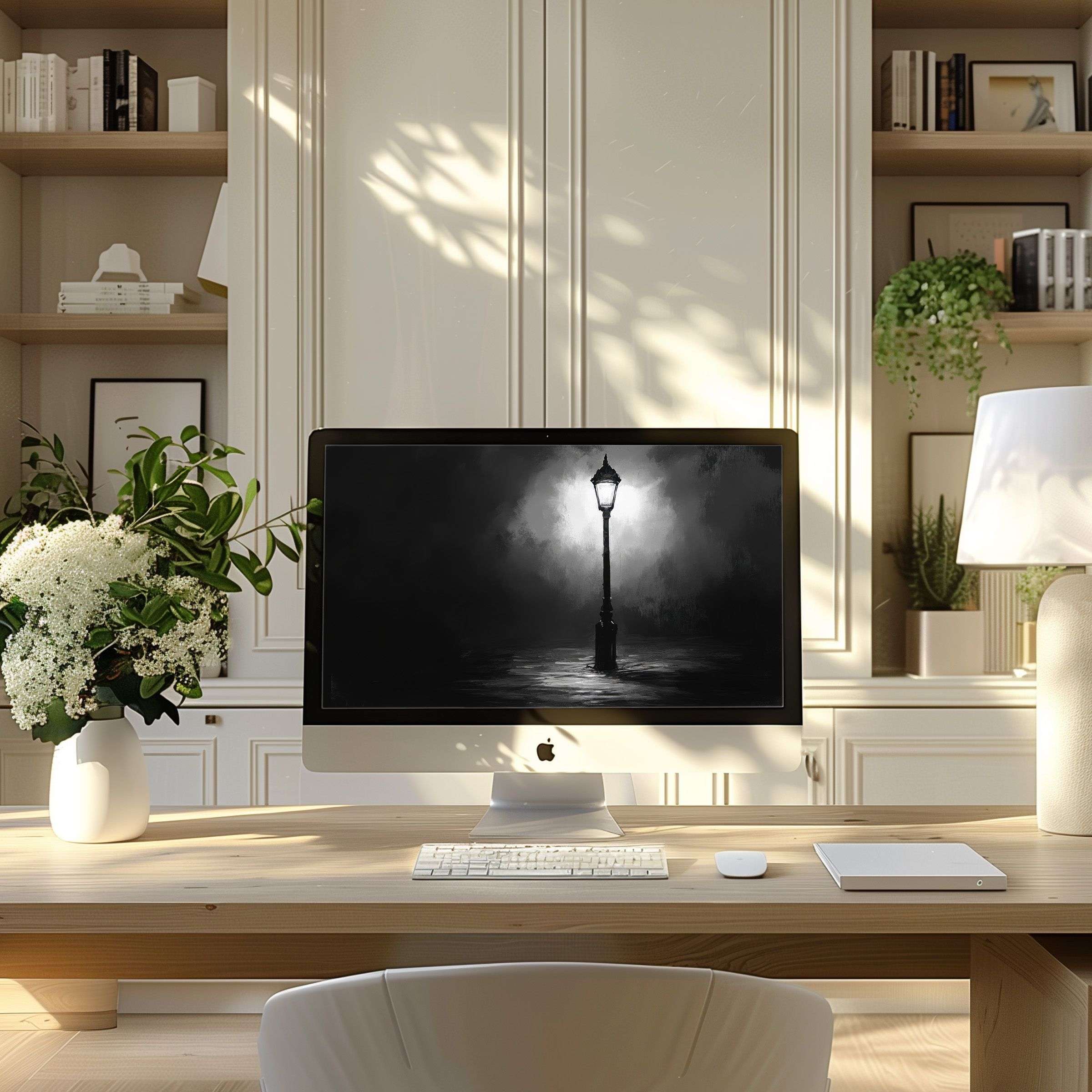 Elegant black and white streetlamp wallpaper for computer brings calm to your modern home office, suitable for PC and Laptop downloads
