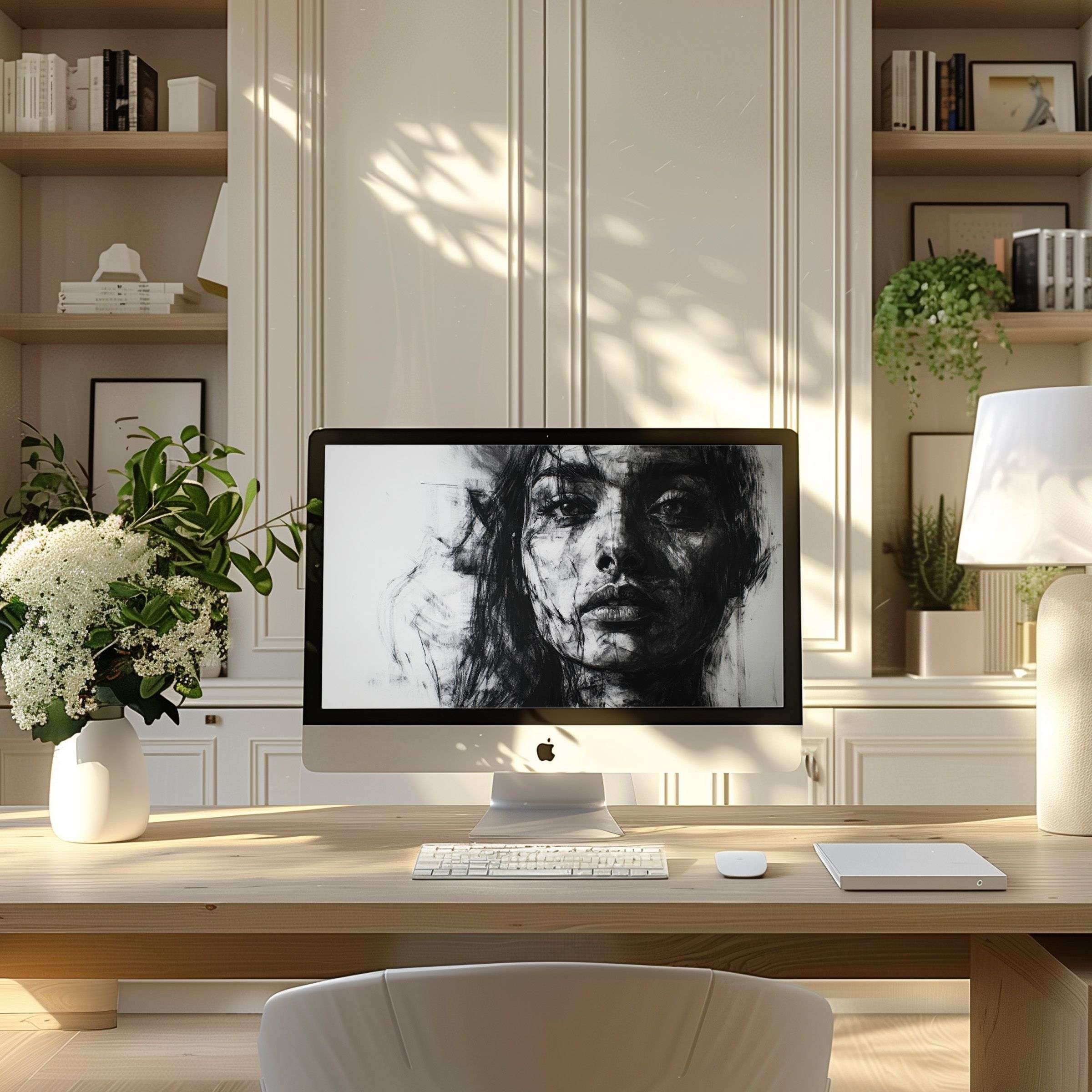 Elegant monochrome digital art for wallpaper on PC or laptop offers calm inspiration, enhancing modern home office ambiance