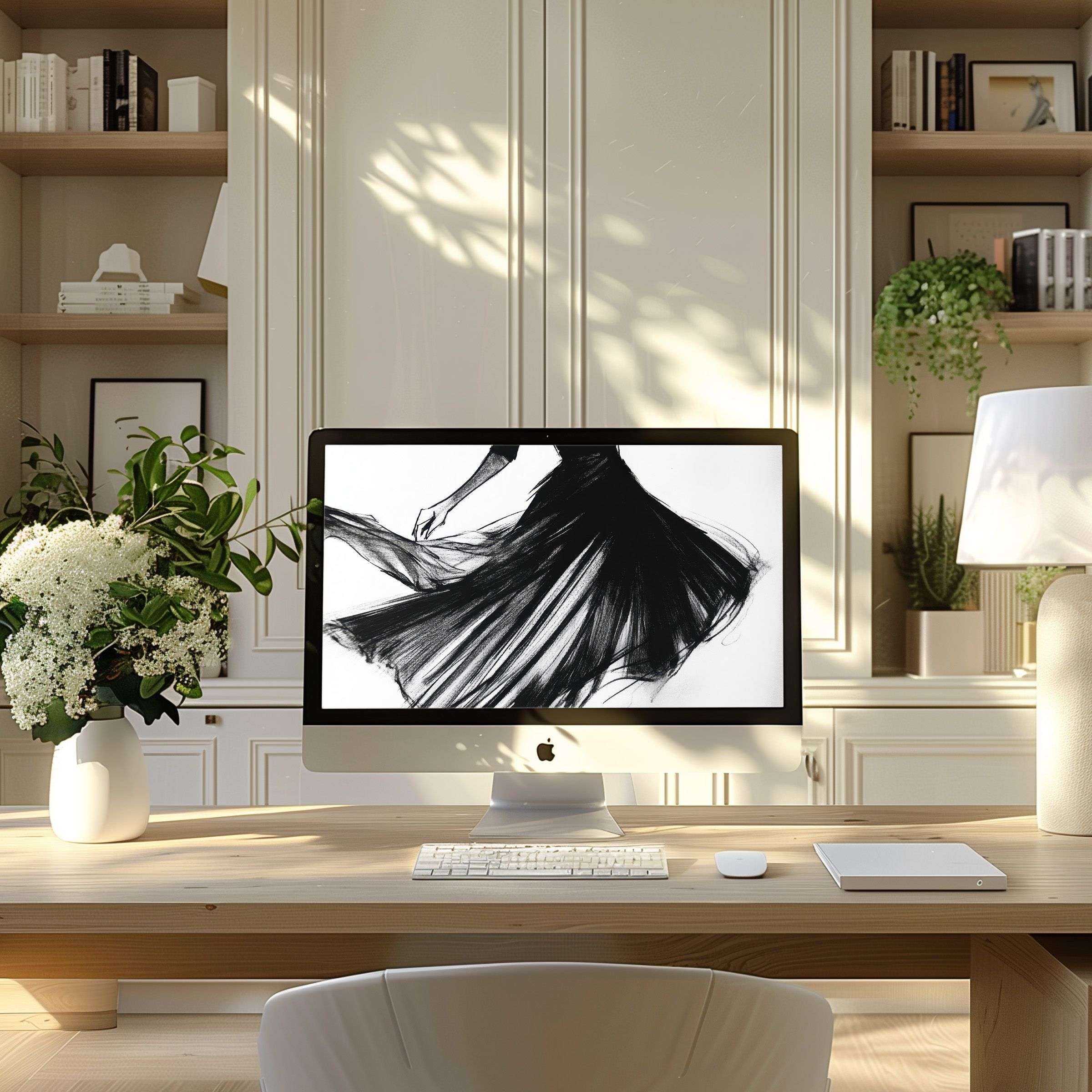 Elegant black and white dancer artwork as a calming wallpaper for computer enhancing a modern home office setup on PC or laptop