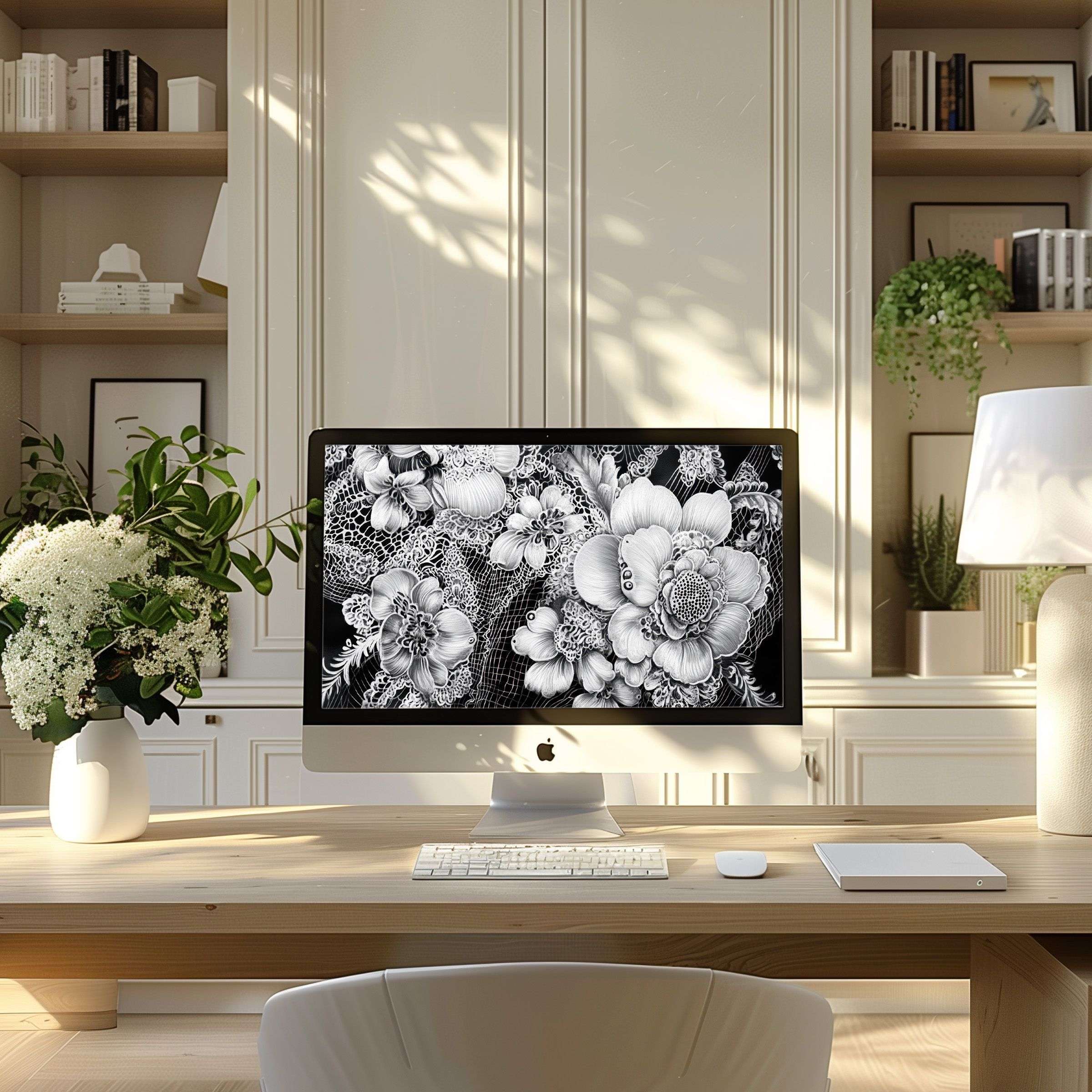 Elegant black and white floral digital art wallpaper for computer adding calm and inspiration to your modern PC or laptop setup