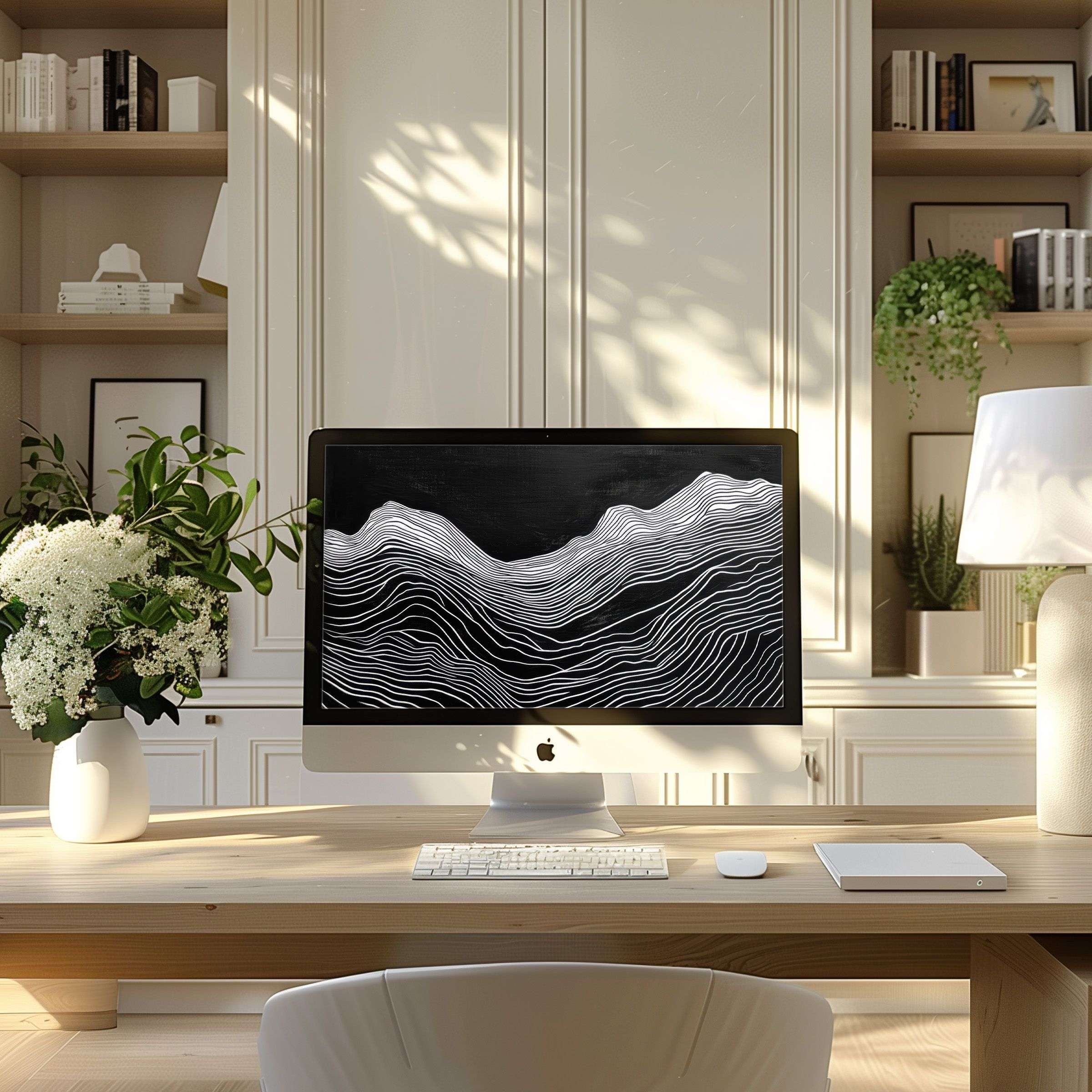 Elegant black and white wave motif wallpaper for computer in a serene office setting inspires calm and fits PC or laptop screens