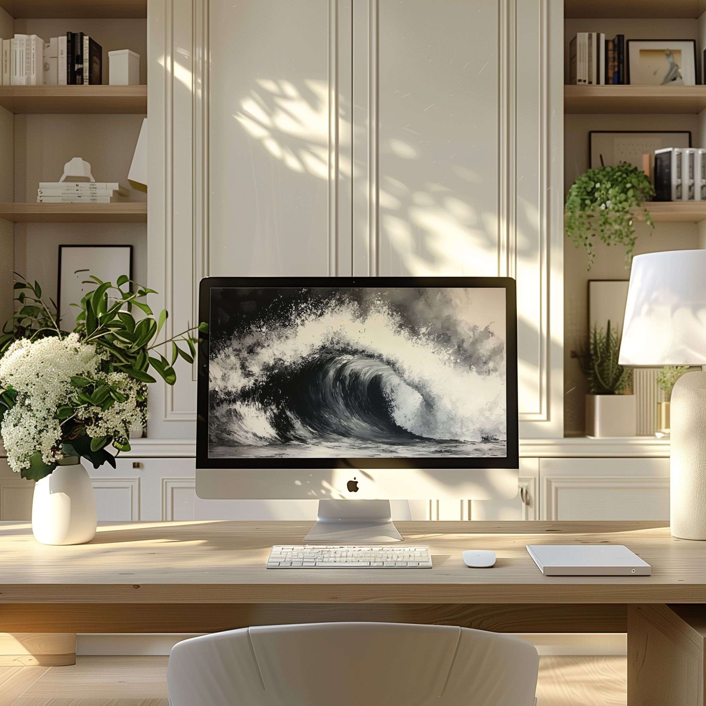Elegant wave artwork enhances this serene modern home office as wallpaper for computer PC and Laptop digital download