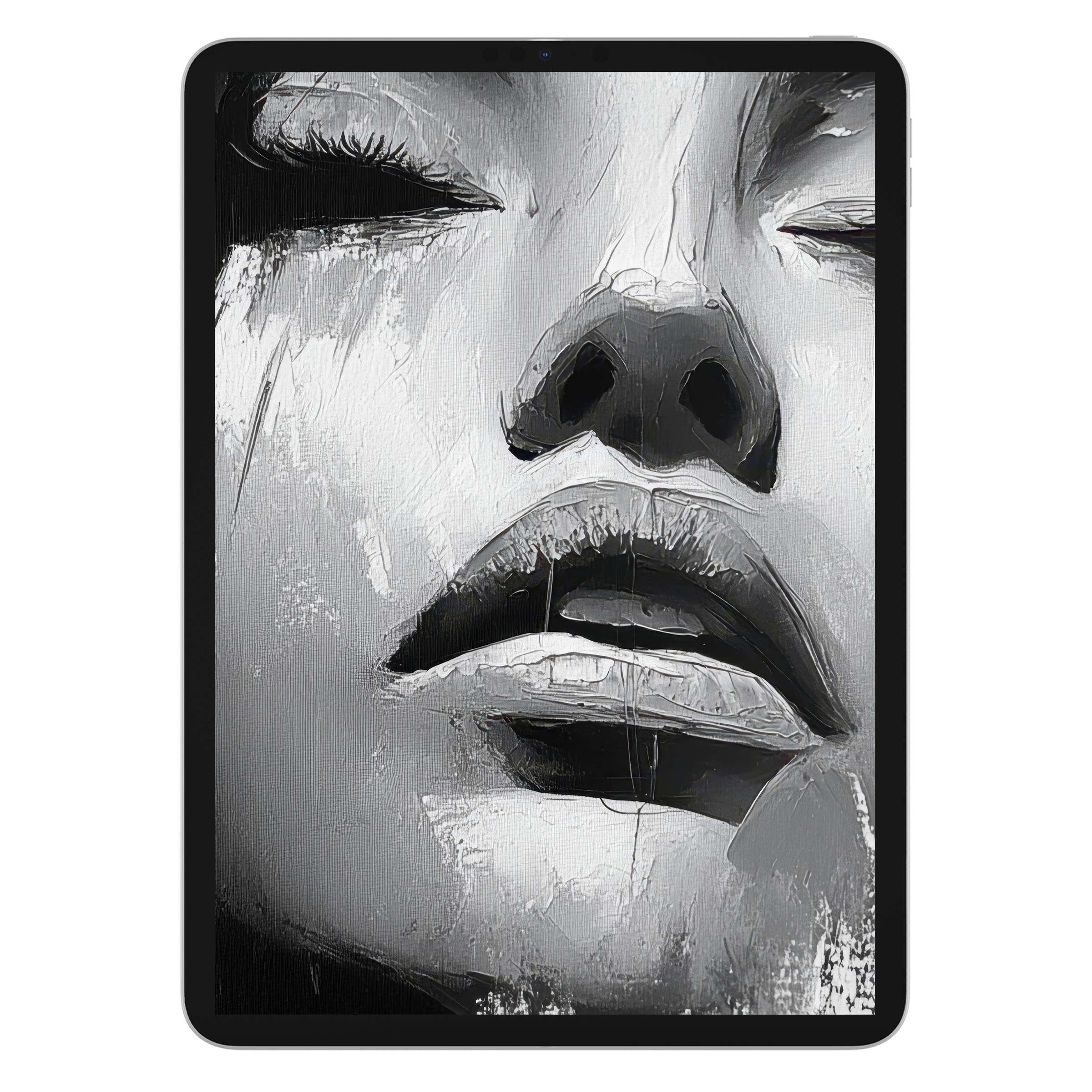 Black and white iPad wallpaper featuring a serene face painting, an elegant digital download for tablet background with artistic appeal