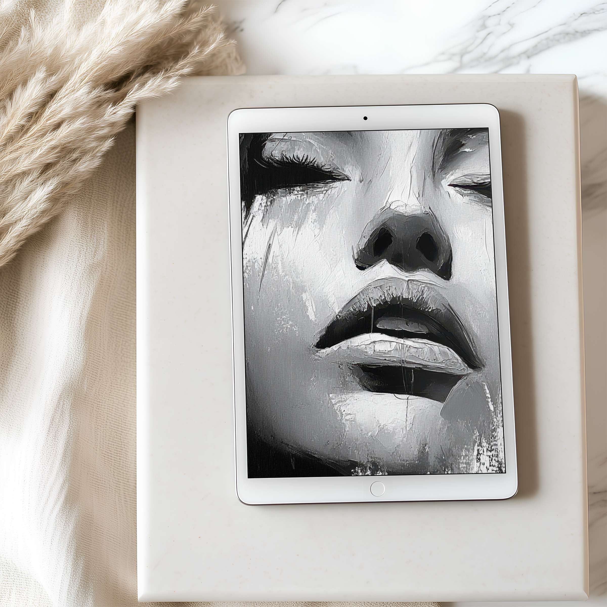 Elegant grayscale portrait tablet wallpaper featuring serene face, perfect for a calming environment, suitable for iPad, high resolution download