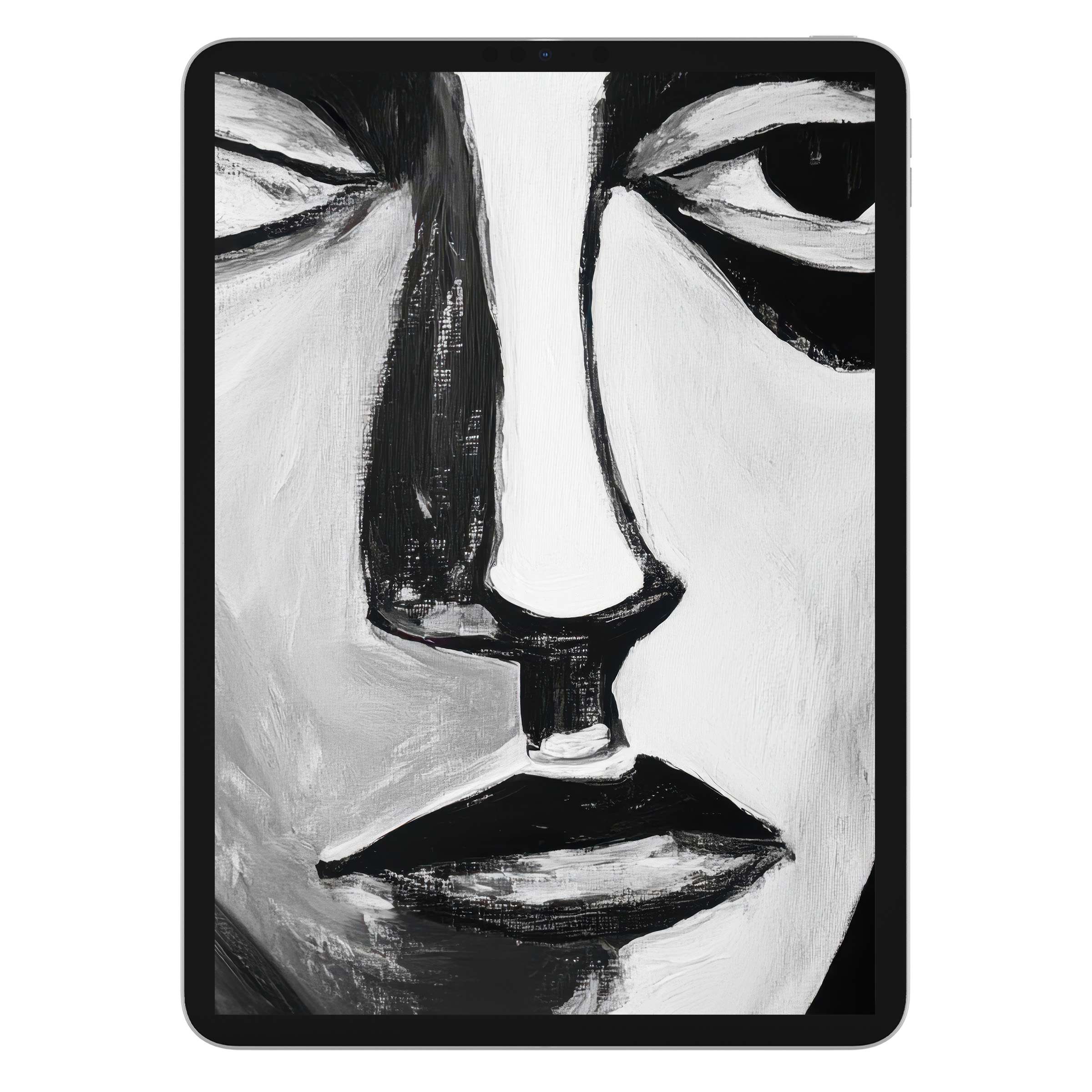 Black and white iPad wallpaper featuring a striking abstract face, perfect digital download for elegant tablet background art