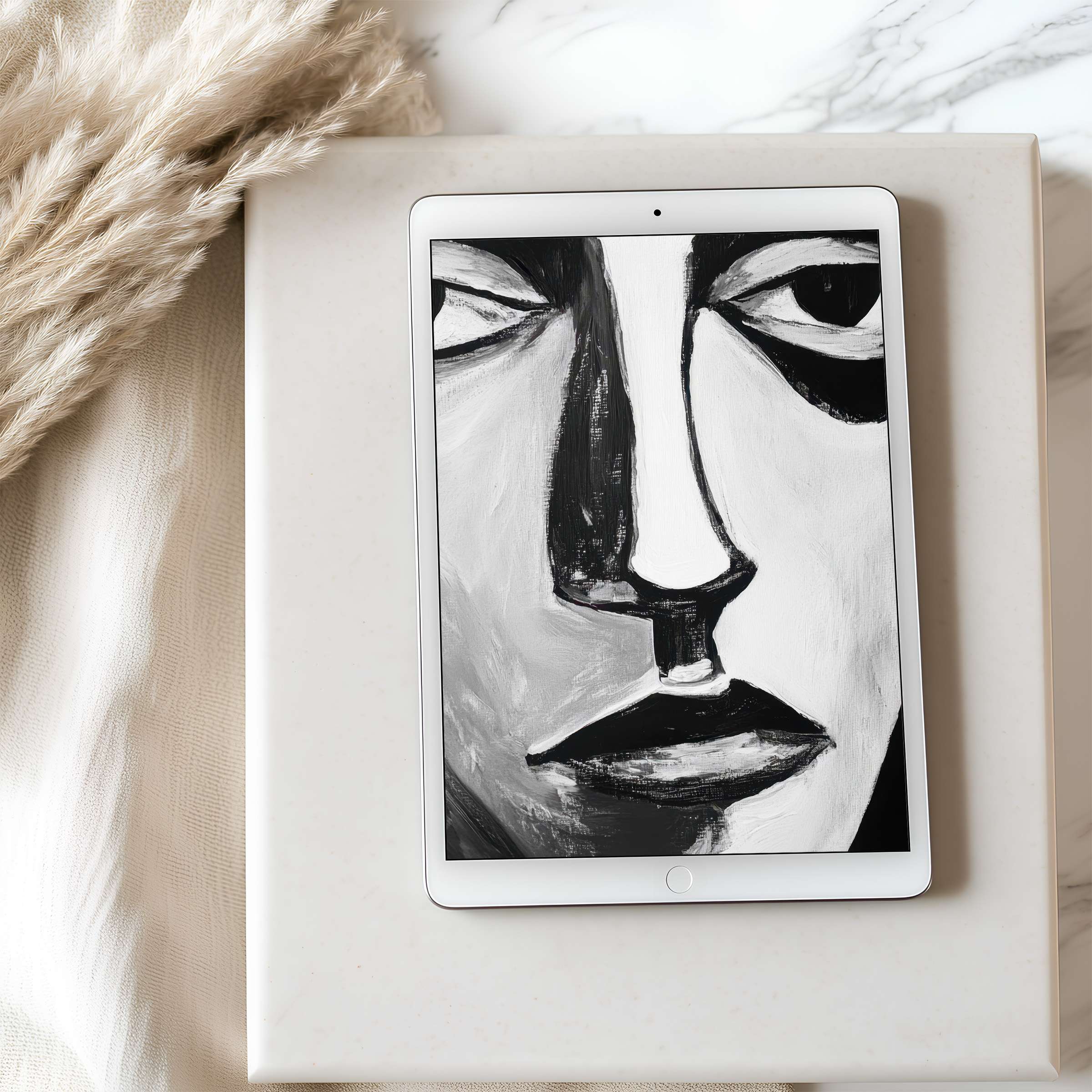 Graceful monochrome abstract face design as tablet wallpaper complements any elegant living space suitable for iPad digital download