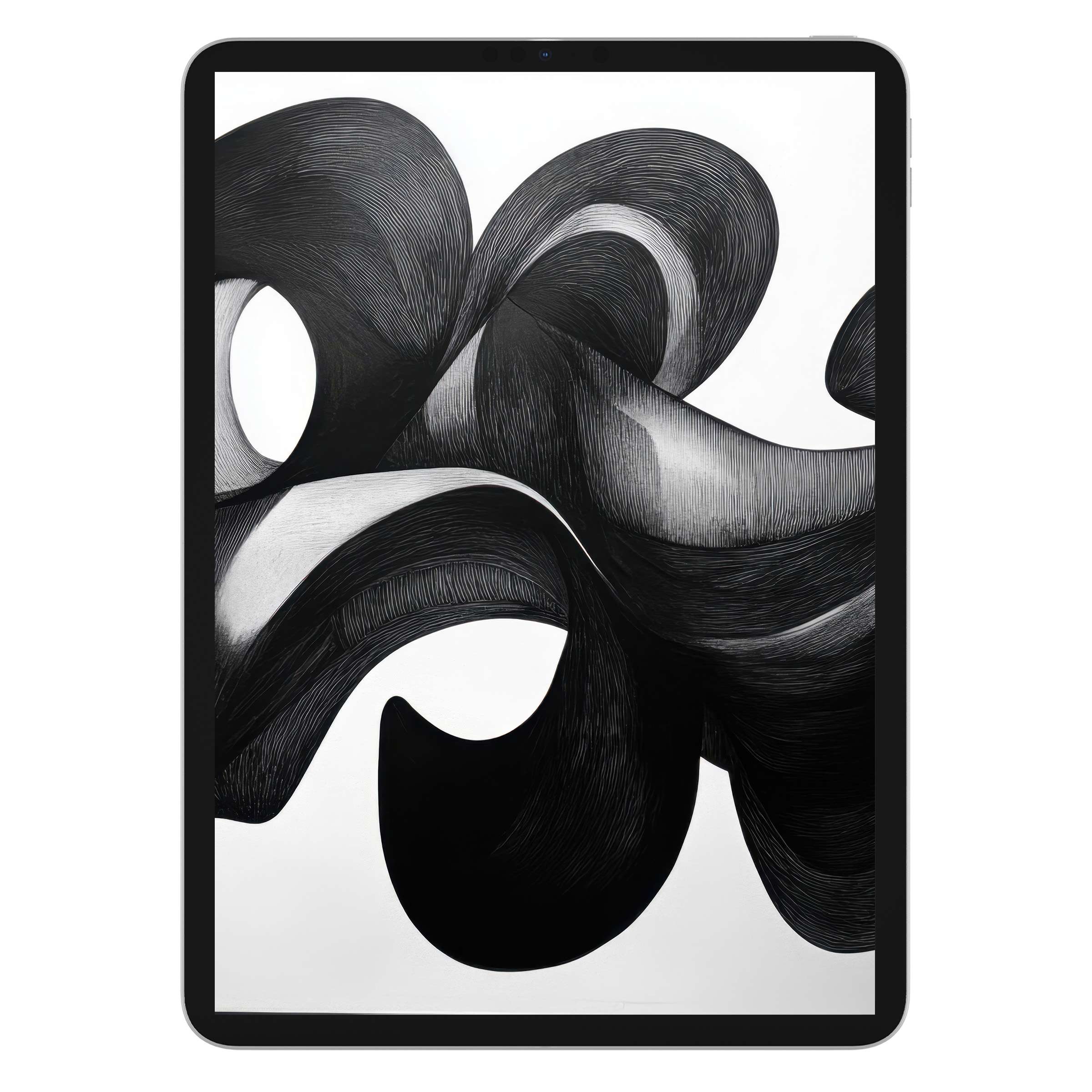 Elegantly abstract black and white iPad wallpaper digital download captures flowing curves, perfect for tablets seeking serene backgrounds