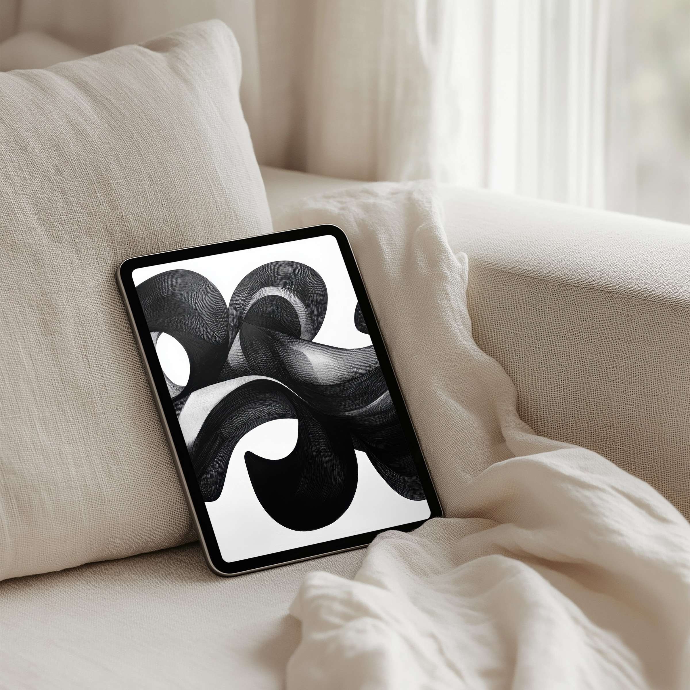 Elegant black swirls on an iPad background bring calm and inspiration to any tablet instant download for design lovers