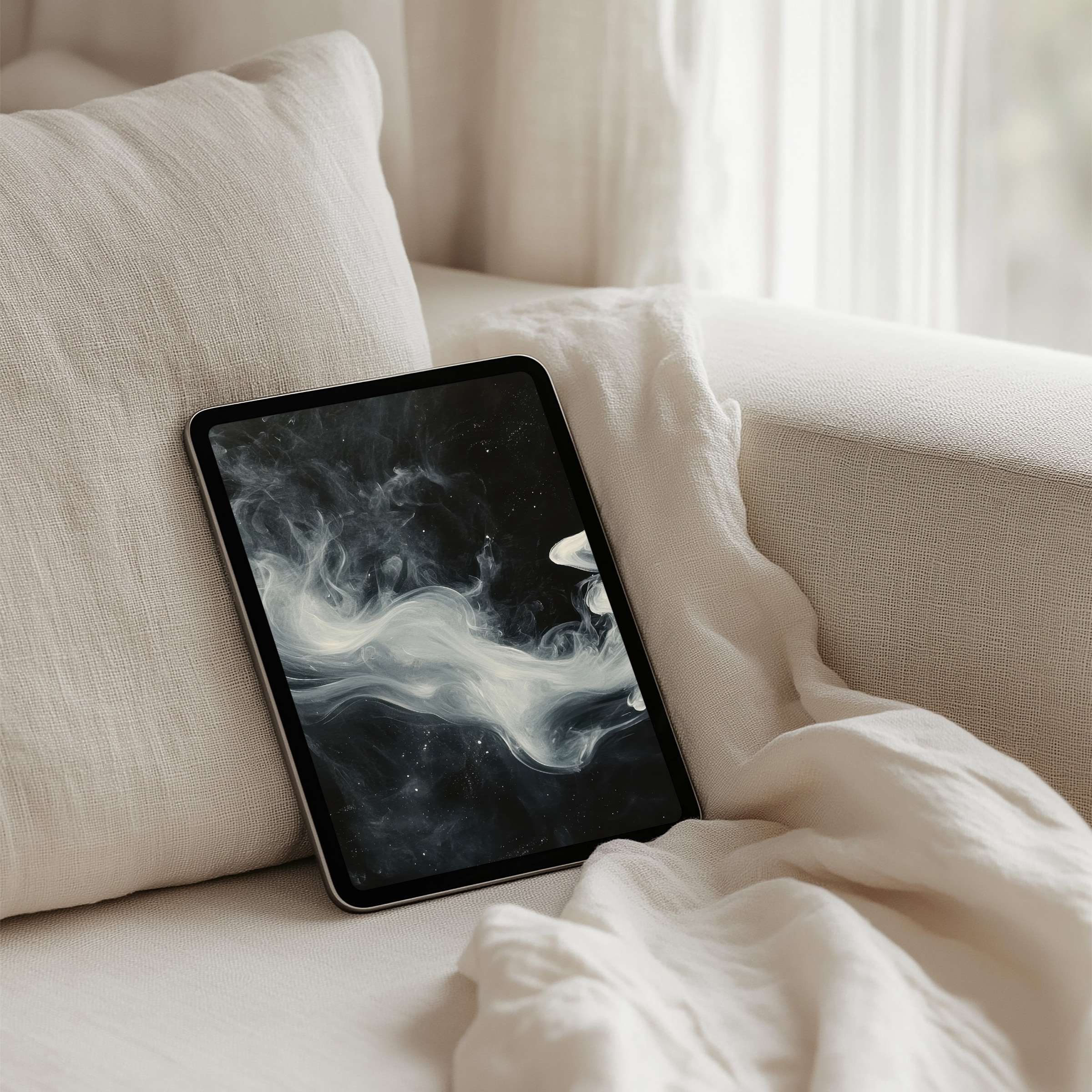 Elegant abstract iPad background in calming monochrome with swirling mist, perfect for instant download on any tablet device