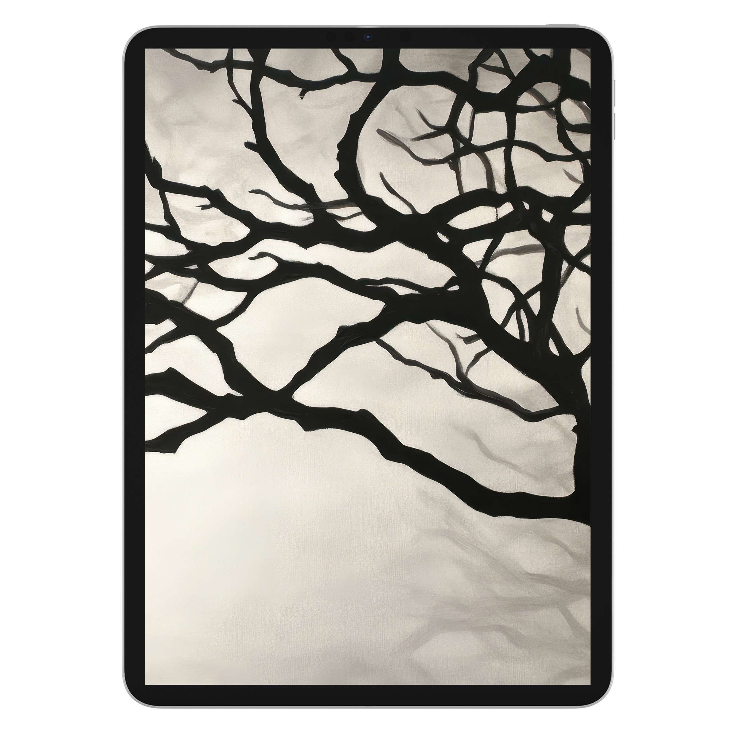 Elegant black and white iPad wallpaper featuring abstract tree branches for a serene digital download tablet background design